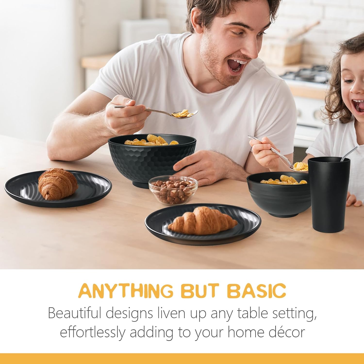 Teivio 66-Piece Kitchen Plastic Wheat Straw Dinnerware Sets for 6, Dinner Plates, Plates and Bowls Sets,Cups, Flatware, Dishwasher Safe, Unbreakable Apartment Outdoor Camping Dishes, Black