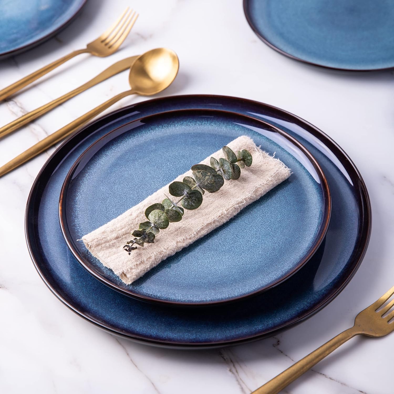 Alternative view of LERATIO Ceramic Dinner Plates Set of 6,10.5 Inch Reactive Glaze Porcelain Plates, Modern Shape Dinnerware Dishes Set for Kitchen,Microwave&Dishwasher&Oven Safe, Scratch Resistant-Blue