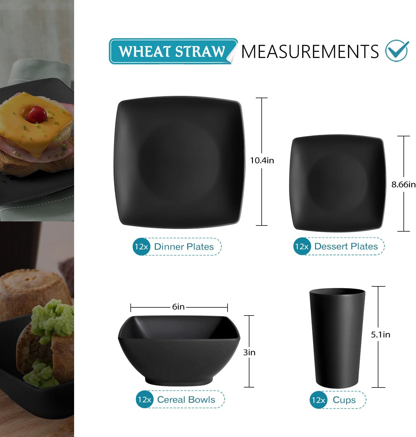 Teivio 48-piece Kitchen Plastic Wheat Straw Square Dinnerware Set for 12, Unbreakable Dinner Plates, Salad Plates, Snack Bowls, Tumblers 13.5 oz, Dishwasher Safe, Outdoor Camping Dish,Black