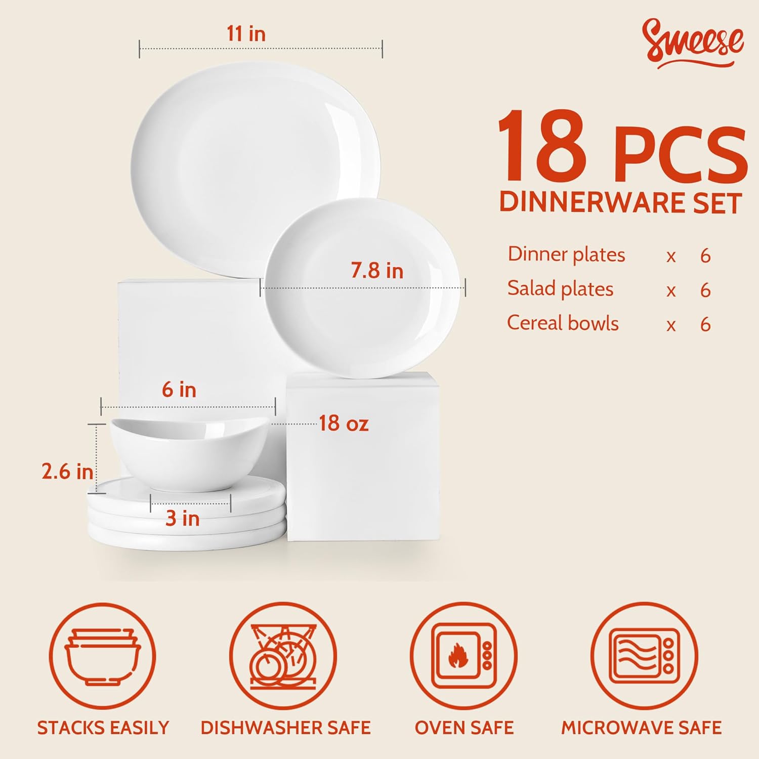 Alternative view of Sweese 18-Piece Dinnerware Sets for 6, Porcelain Plates and Bowls Set, Scratch Resistant Dishes, Microwave and Oven Safe Dishware, Snow White