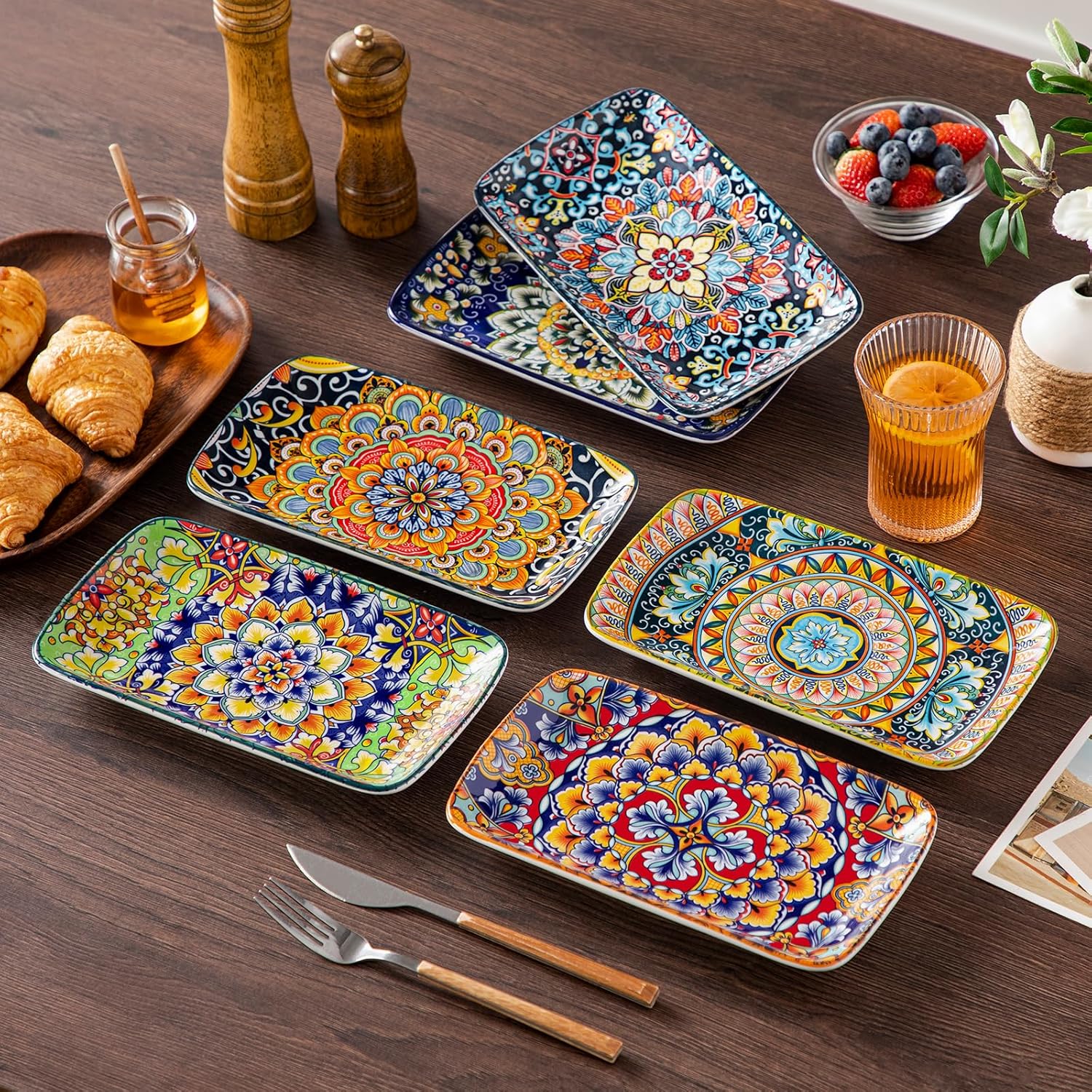 vancasso Simi 9.5 Inch Rectangular Dinner Plates Set of 6 - Bohemian Floral Design in 6 Vibrant Colors, Microwave & Dishwasher Safe Porcelain Plates for Salad, Appetizers, Entertaining