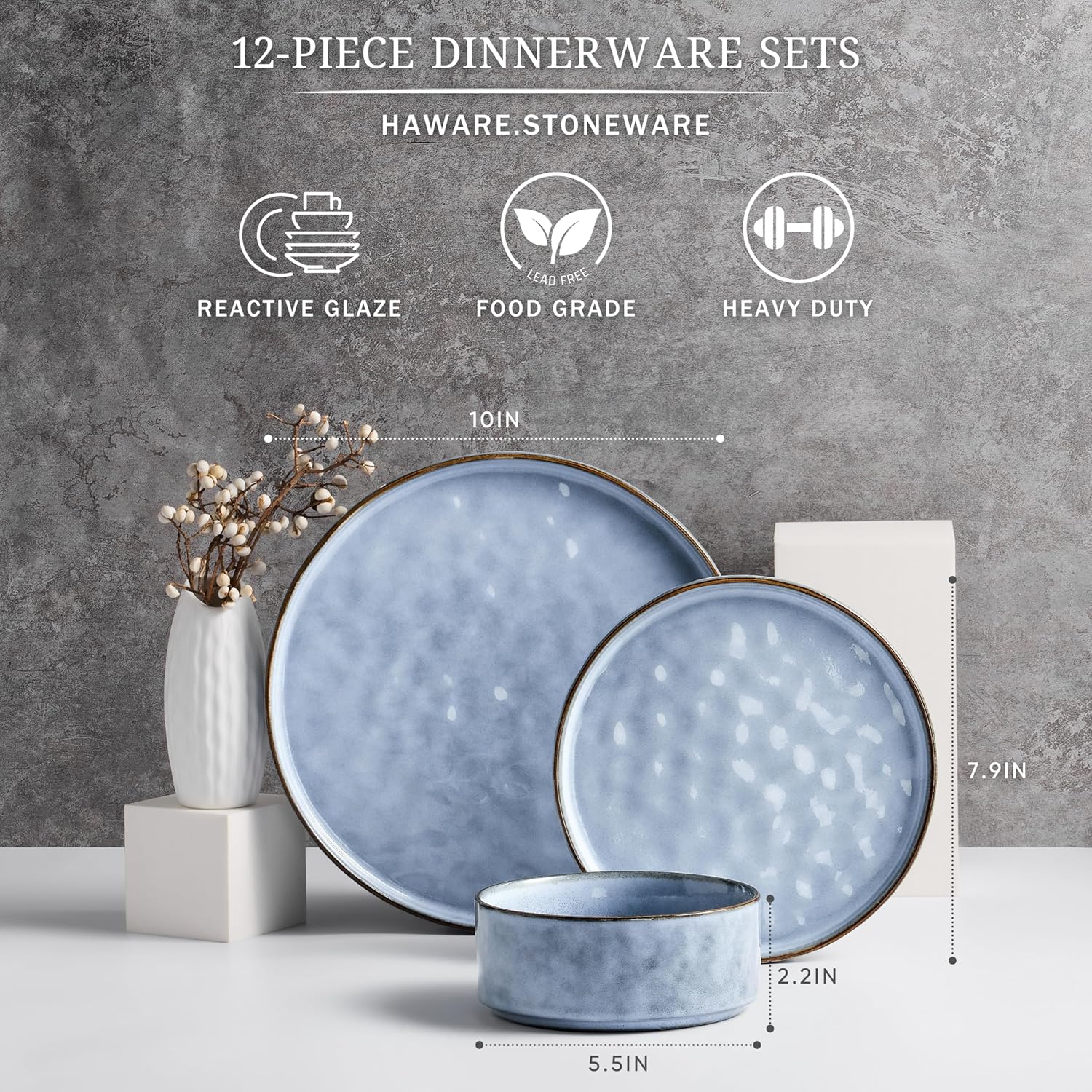 HaWare Dinnerware Sets, 12-Piece Plates and Bowls Set, Stoneware Dish Set for 4, Ceramic Dinnerware for Home Restaurant, Chip and Scratch Resistant, Microwave and Dishwasher Safe, Reactive Blue