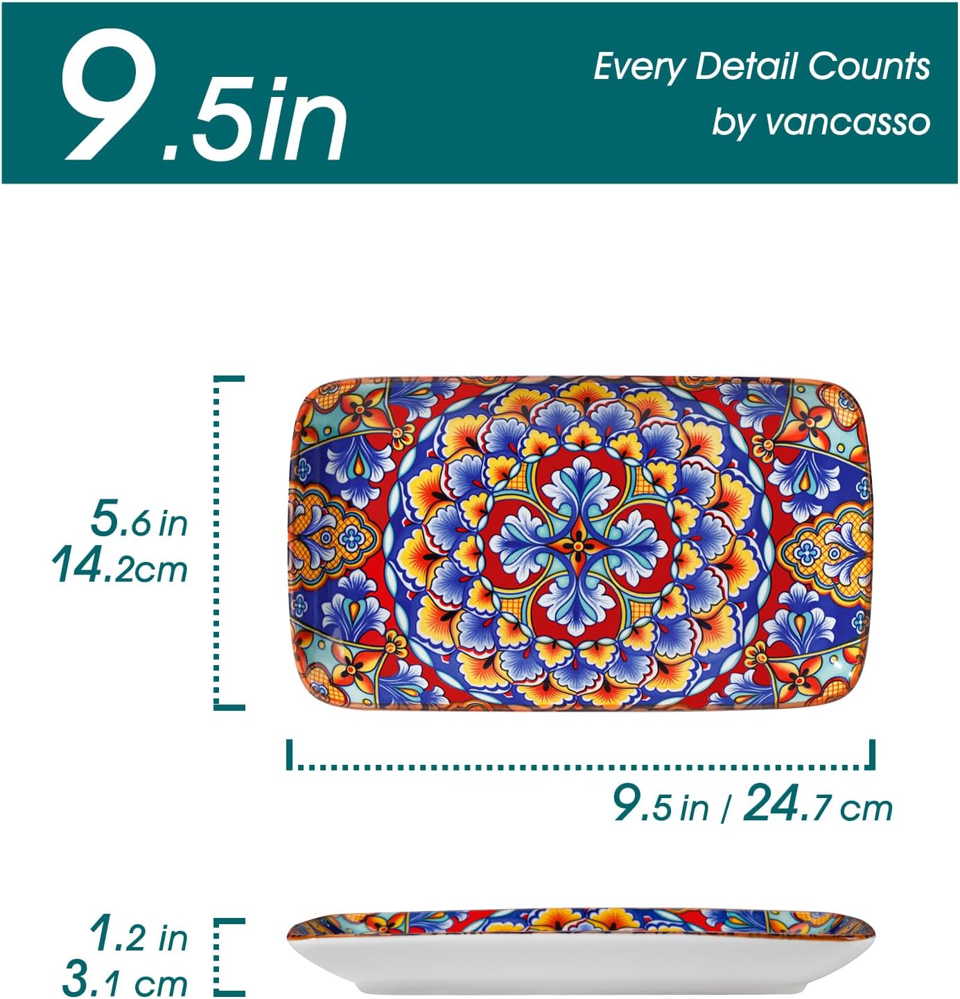 Alternative view of vancasso Simi 9.5 Inch Rectangular Dinner Plates Set of 6 - Bohemian Floral Design in 6 Vibrant Colors, Microwave & Dishwasher Safe Porcelain Plates for Salad, Appetizers, Entertaining