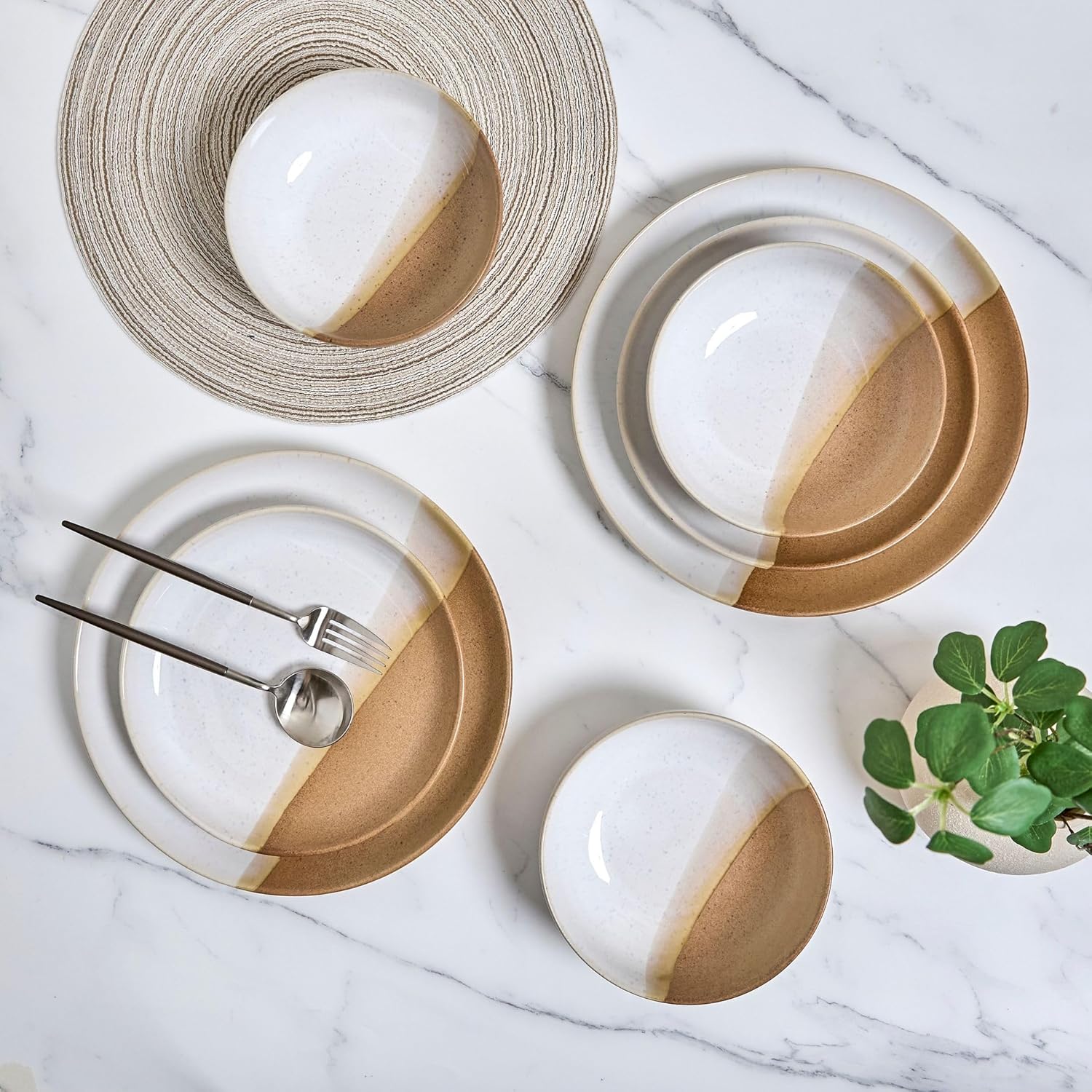 Sango Phoebe 12-Piece Multicolor Stoneware Dinnerware Set u2013 Service for 4, Plate & Bowl Set, Caramel Stoneware with a Rustic White Glaze, for Daily Dining & Entertainment, Microwave & Dishwasher Safe