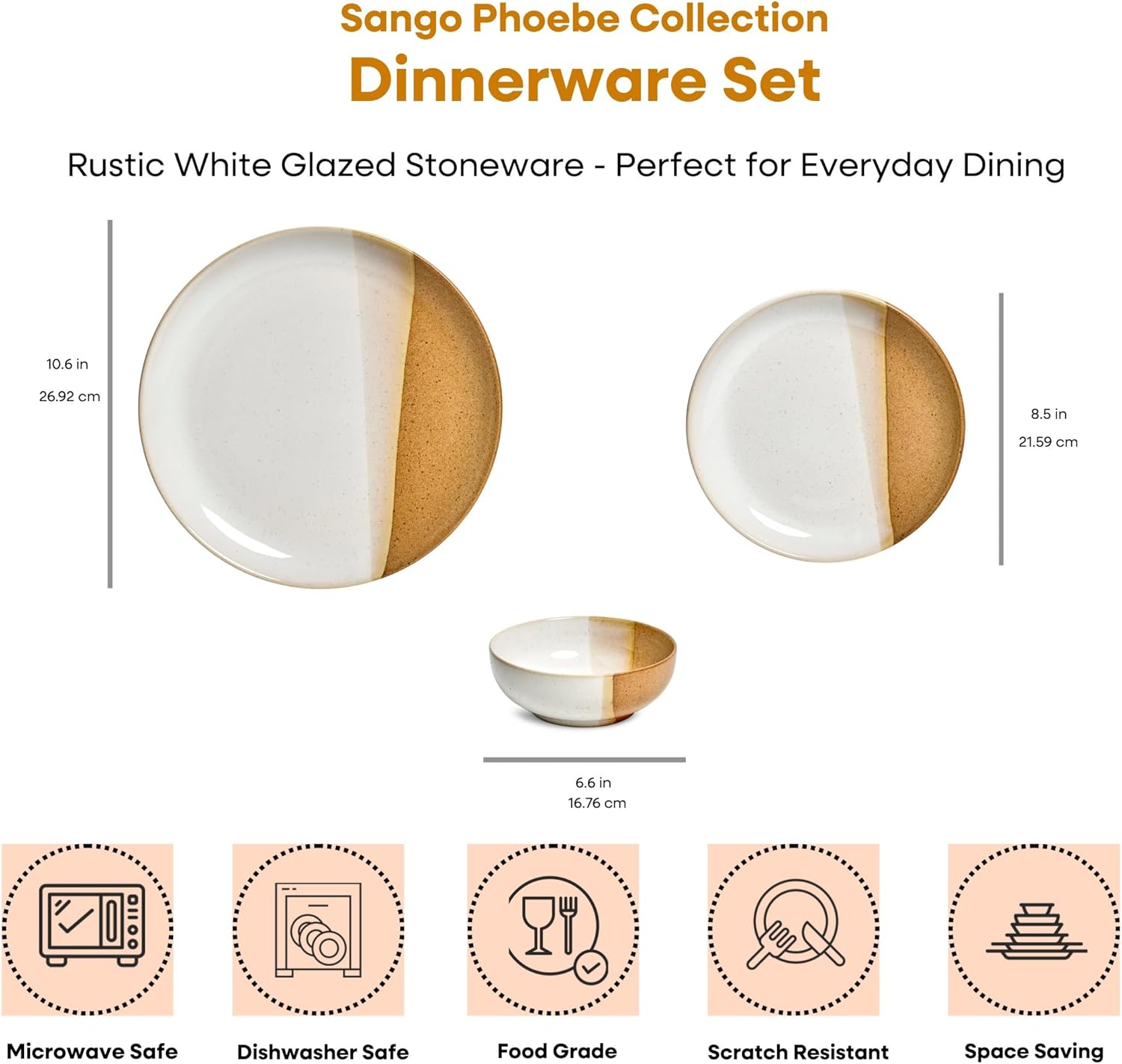 Alternative view of Sango Phoebe 12-Piece Multicolor Stoneware Dinnerware Set u2013 Service for 4, Plate & Bowl Set, Caramel Stoneware with a Rustic White Glaze, for Daily Dining & Entertainment, Microwave & Dishwasher Safe