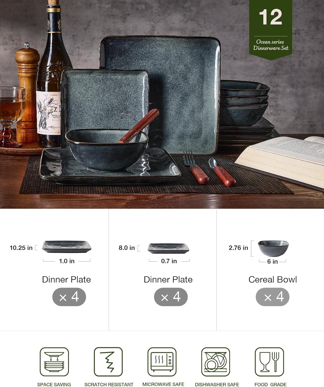 Alternative view of Famiware Dinnerware Sets for 4, Ocean Square 12-Piece Kitchen Plates and Bowls Sets, Reactive Glaze, Microwave and Dishwasher Safe, Scratch Resistant, Deep Forest