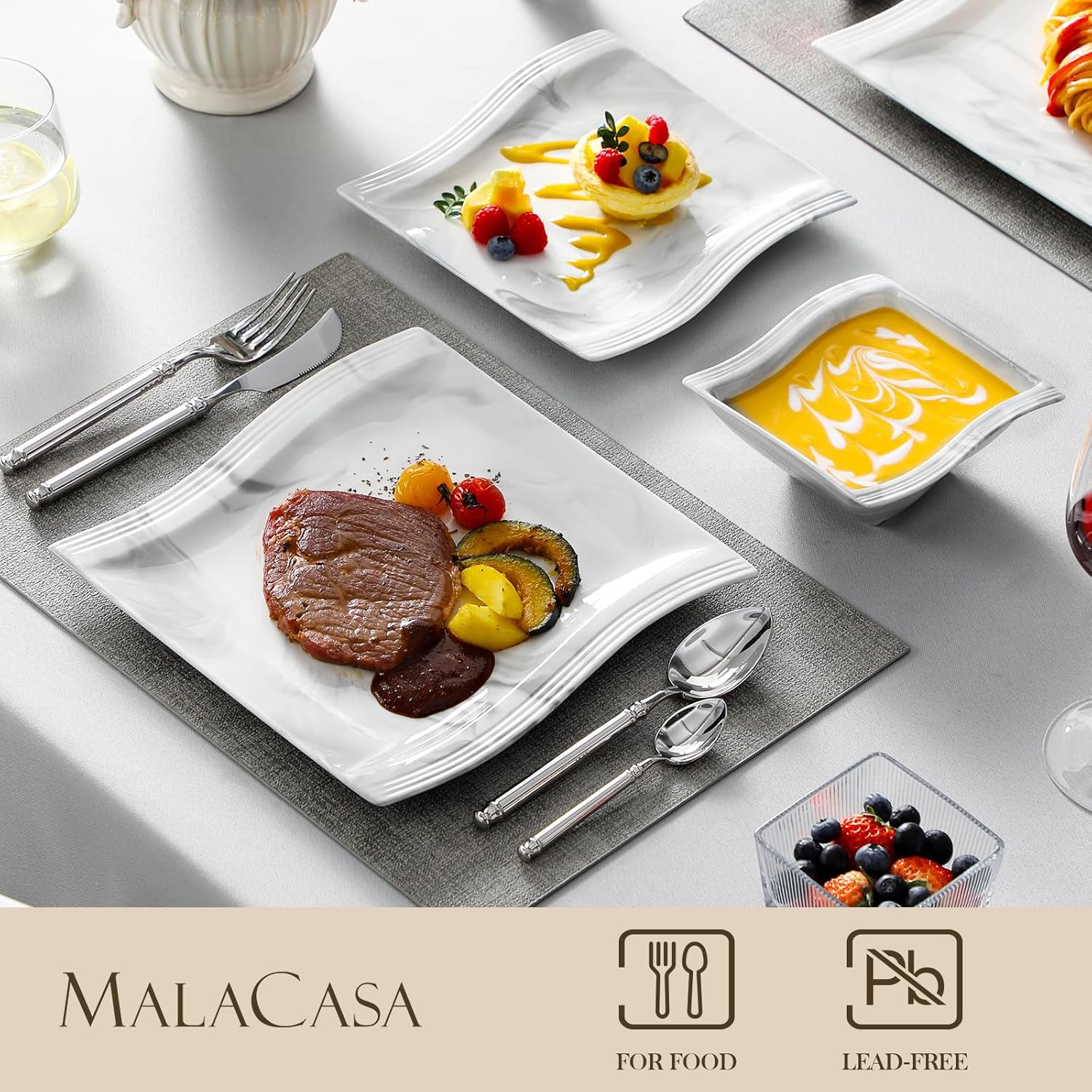MALACASA Plates and Bowls Set, 12-Piece Modern Porcelain Dinnerware for 4, Marble Square Ceramic Dish Set, Microwave and Dishwasher Safe, Flora Series