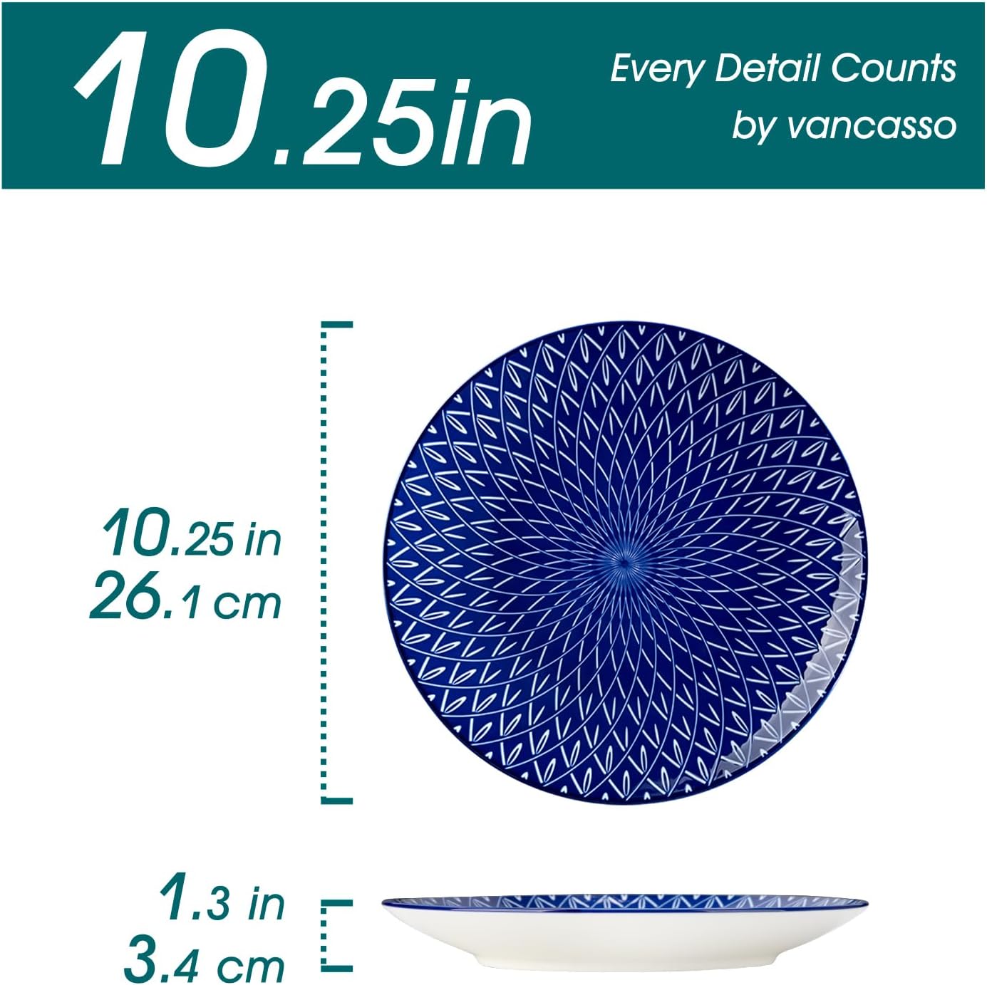 Alternative view of vancasso Ceramic Dinner Plates Set of 6, Large Vintage Plates 10.25 Inch Set of 6 for Kitchen, Porcelain Blue and White Plates for Kitchen, Microwave Oven Dishwasher Safe, Vintage Gift, Blue