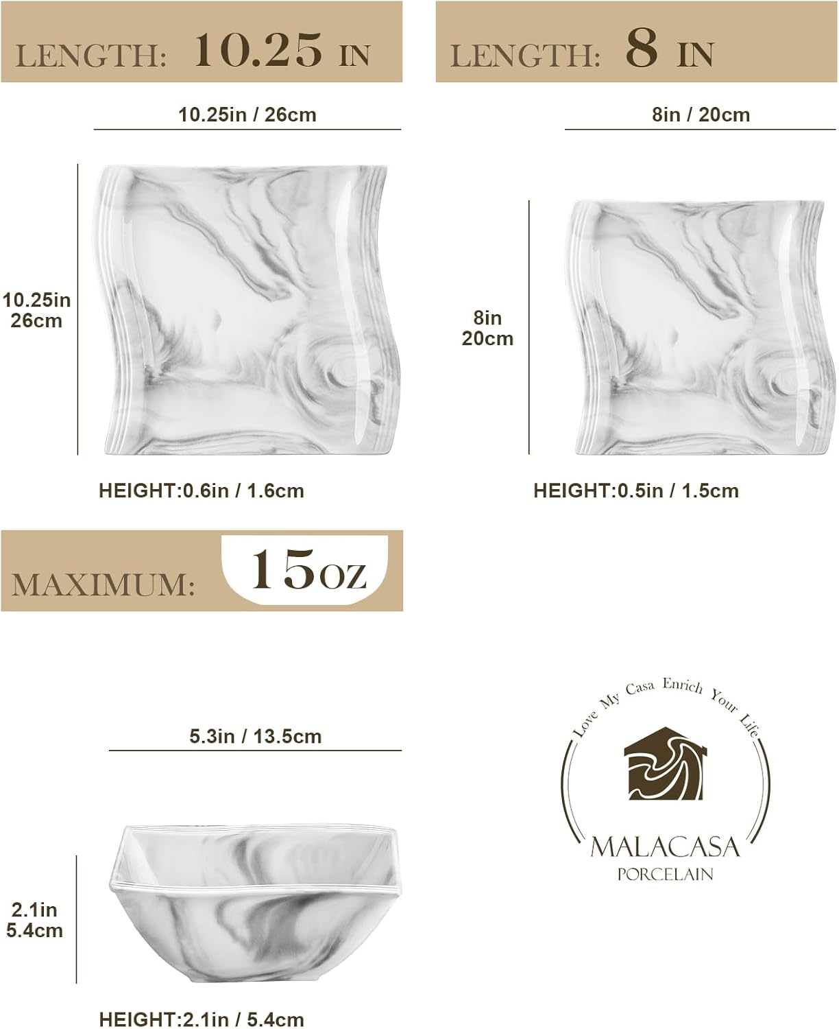 Alternative view of MALACASA Plates and Bowls Set, 12-Piece Modern Porcelain Dinnerware for 4, Marble Square Ceramic Dish Set, Microwave and Dishwasher Safe, Flora Series