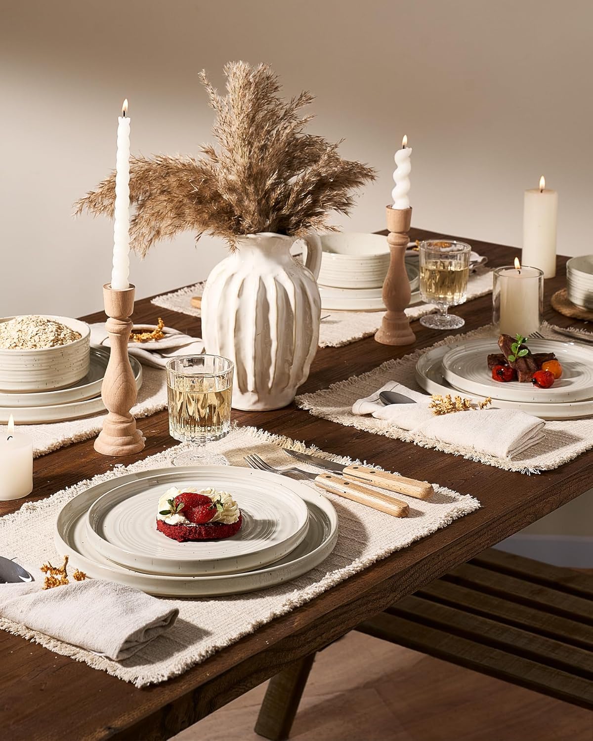 Plates and Bowls Sets for 6 (18-Piece) Stoneware Reactive Glaze Dinnerware with Speckles & Spirals, Chip and Scratch Resistant Straight Dishes Set with Gift Box, Microwave Dishwasher Safe, Shell Beige