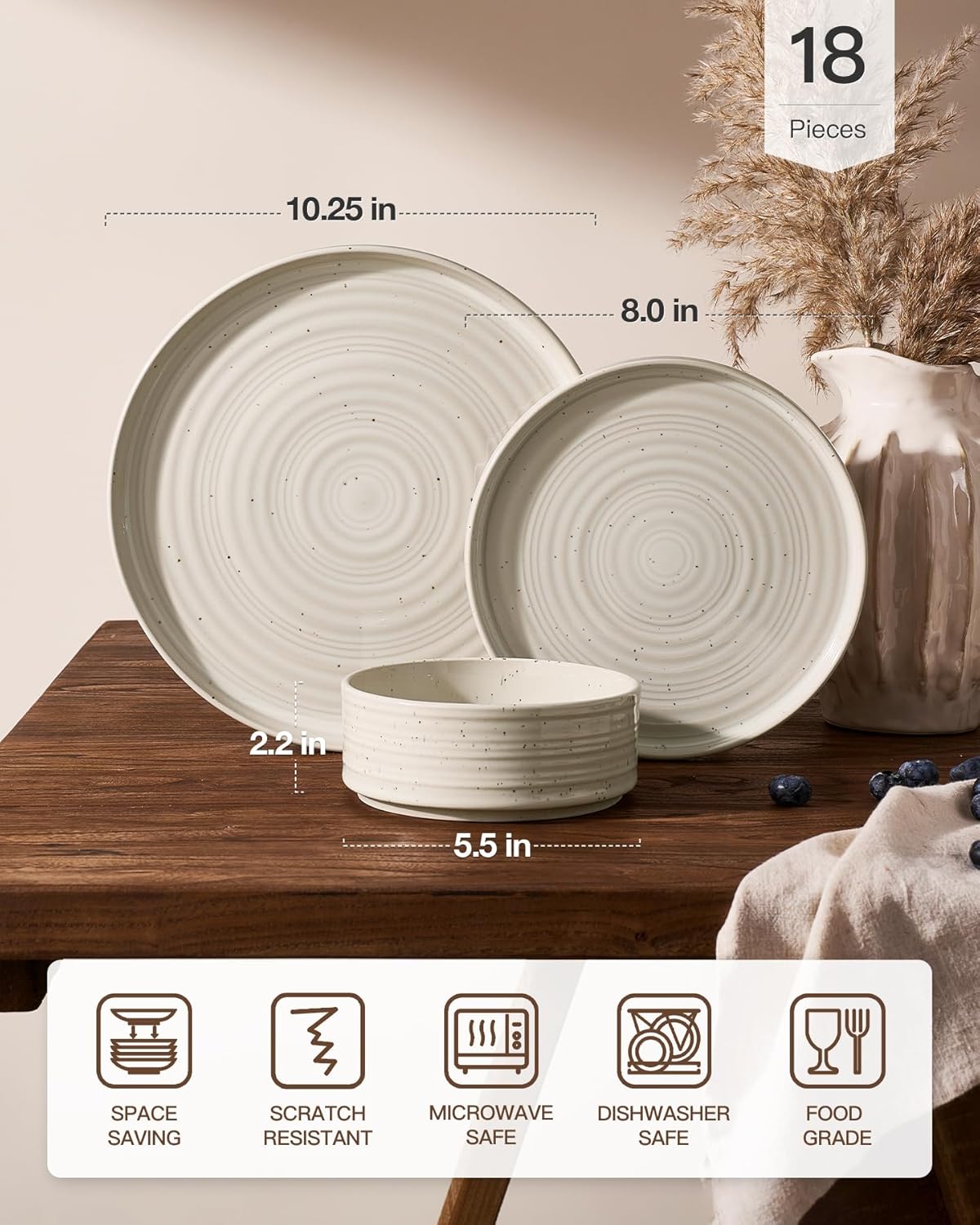 Alternative view of Plates and Bowls Sets for 6 (18-Piece) Stoneware Reactive Glaze Dinnerware with Speckles & Spirals, Chip and Scratch Resistant Straight Dishes Set with Gift Box, Microwave Dishwasher Safe, Shell Beige