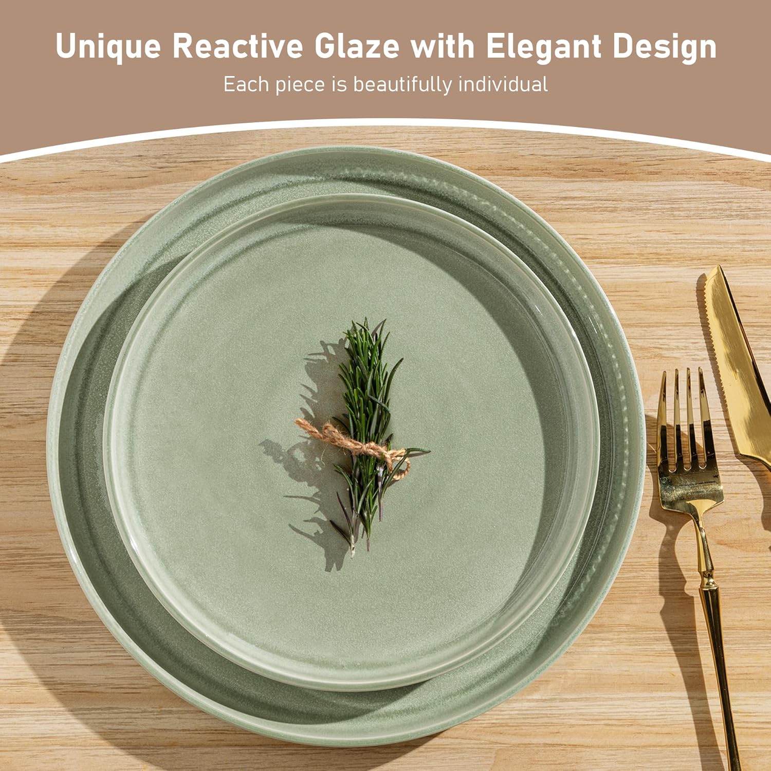 GBHOME 12-Piece Stoneware Dinnerware Set for 4 u2013 Ribbed Ceramic Plates and Bowls, Scratch-Resistant, Microwave & Dishwasher Safe, Reactive Glaze, Light Green