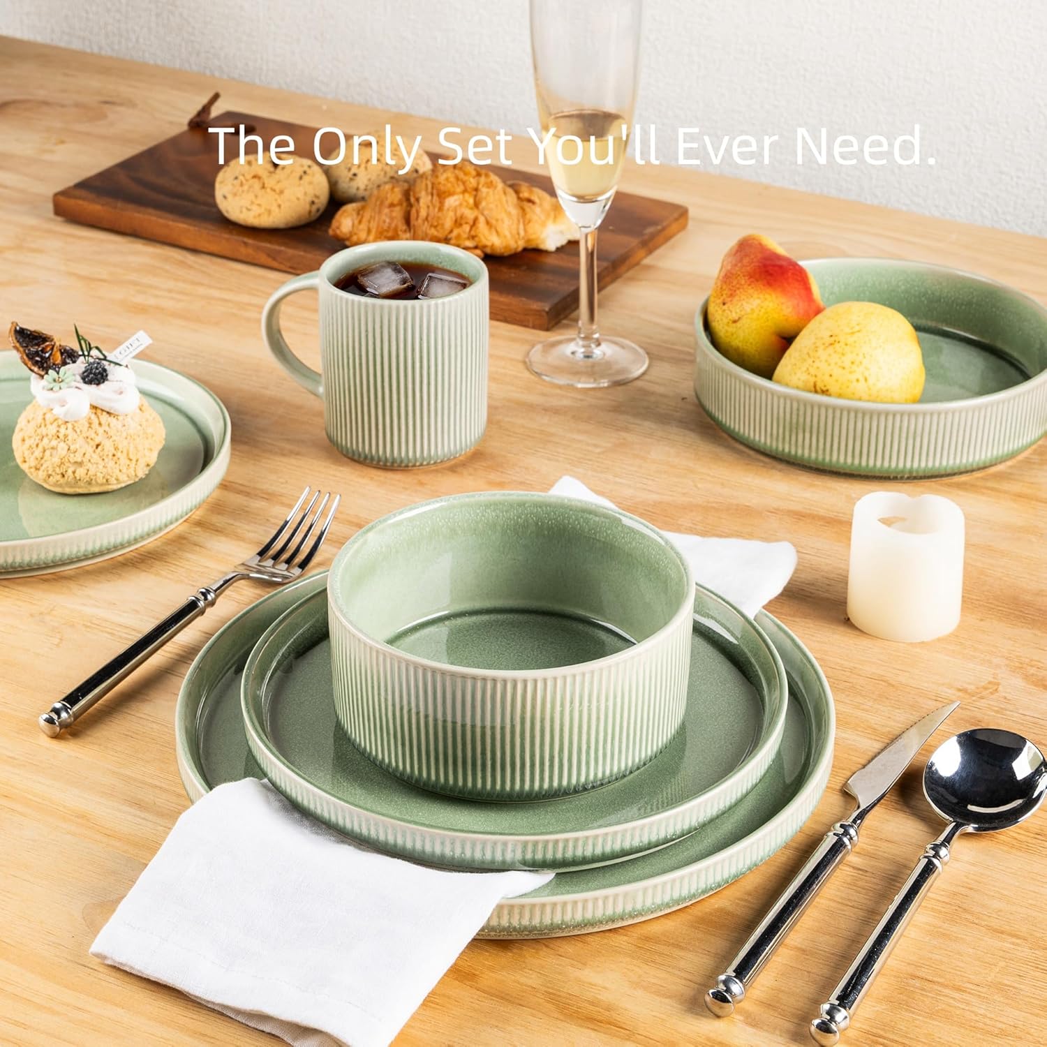 Alternative view of GBHOME 12-Piece Stoneware Dinnerware Set for 4 u2013 Ribbed Ceramic Plates and Bowls, Scratch-Resistant, Microwave & Dishwasher Safe, Reactive Glaze, Light Green