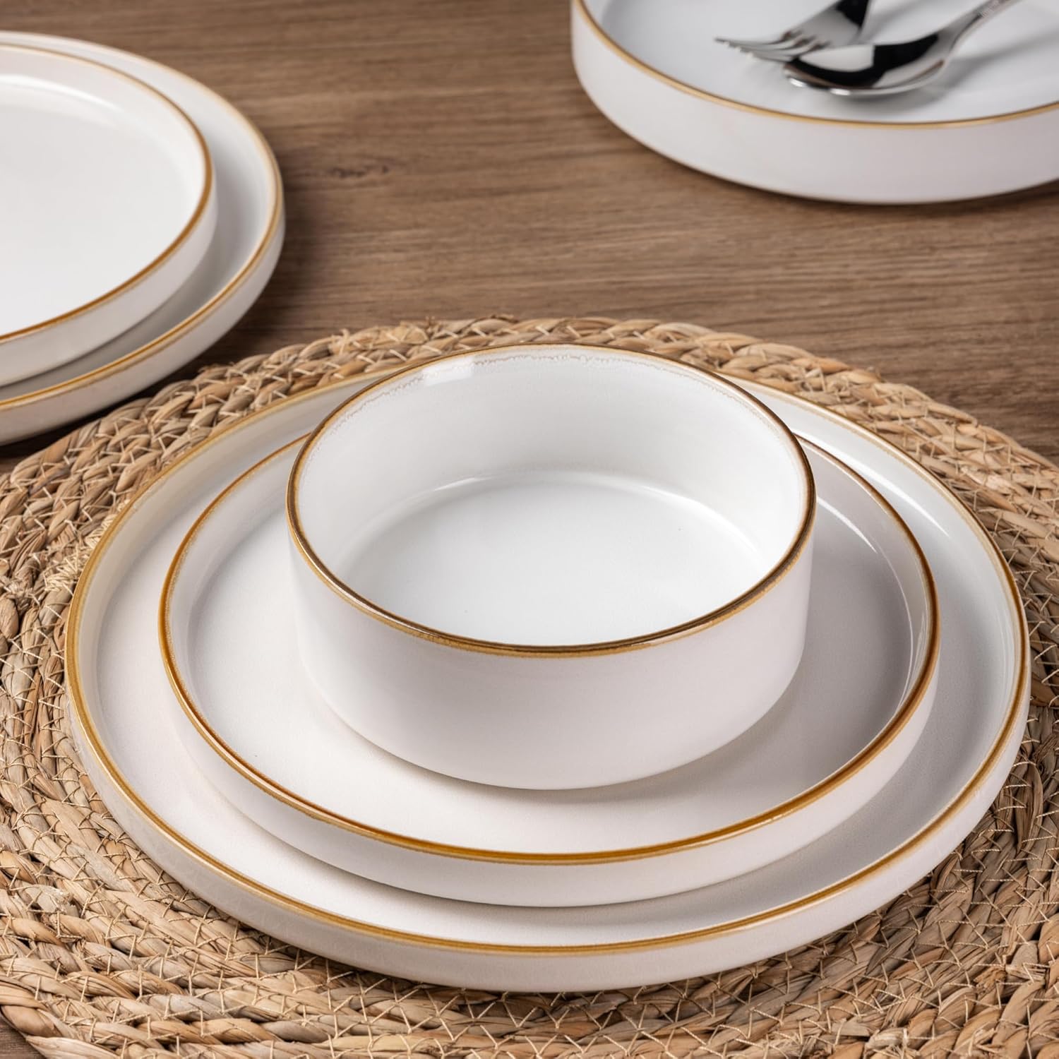 Alternative view of GBHOME Ceramic Dinnerware Sets for 4, 12 Pieces Stoneware Plates and Bowls Sets, Reactive Glaze Dishes -Scratch Resistant, Dishwasher&Microwave Safe-Pearl White