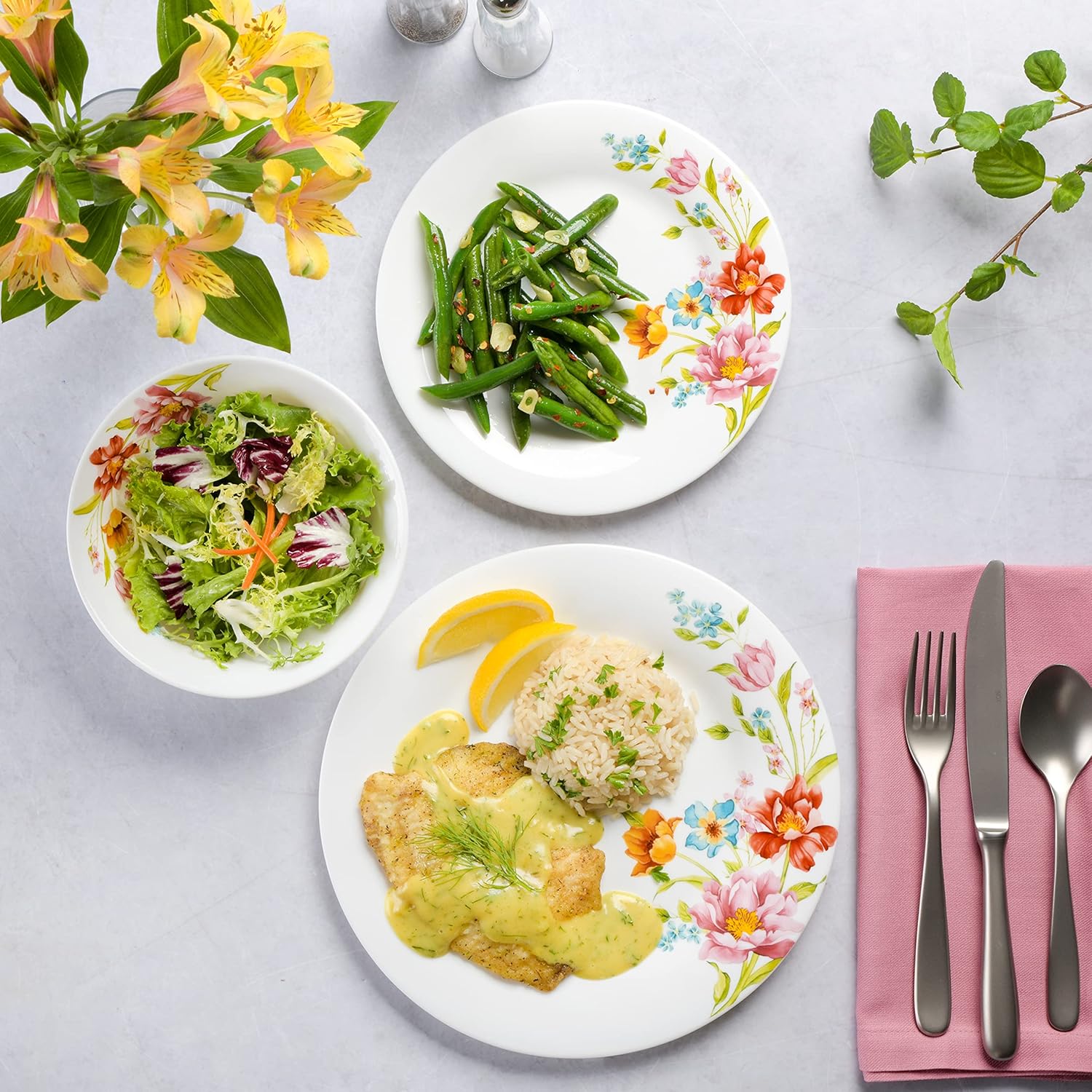 Gibson Home Ultra Break and Chip Resistant 18-Piece Round Dinnerware Set, Service for 6 u2013 Red Floral Plates and Bowls, Microwave & Dishwasher Safe