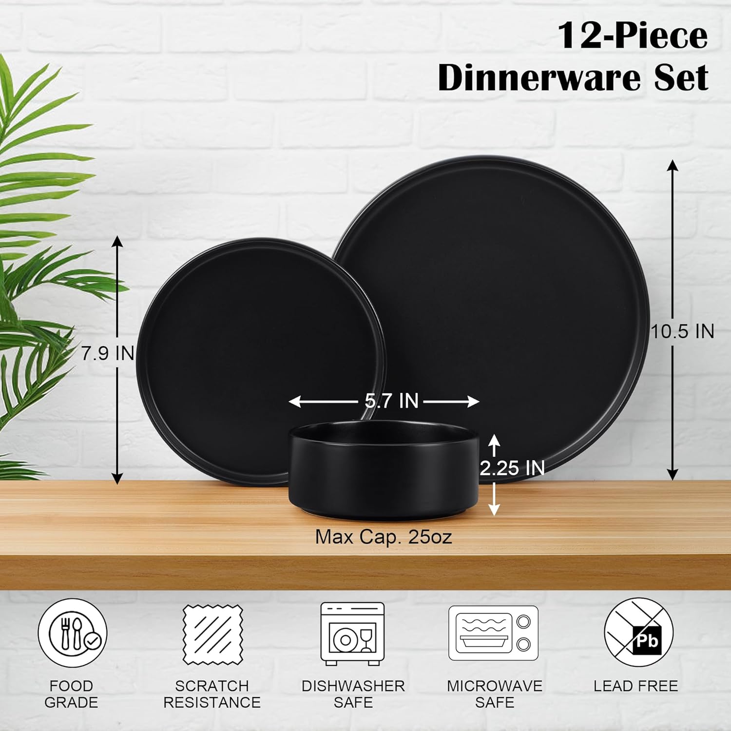 Alternative view of E-far Stoneware Dinnerware Sets, 12-Piece Plates and Bowls Dish Set for 4, Kitchen Modern Dinning Ware, Chip and Scratch Resistant, Microwave & Dishwasher Safe, Matte Black