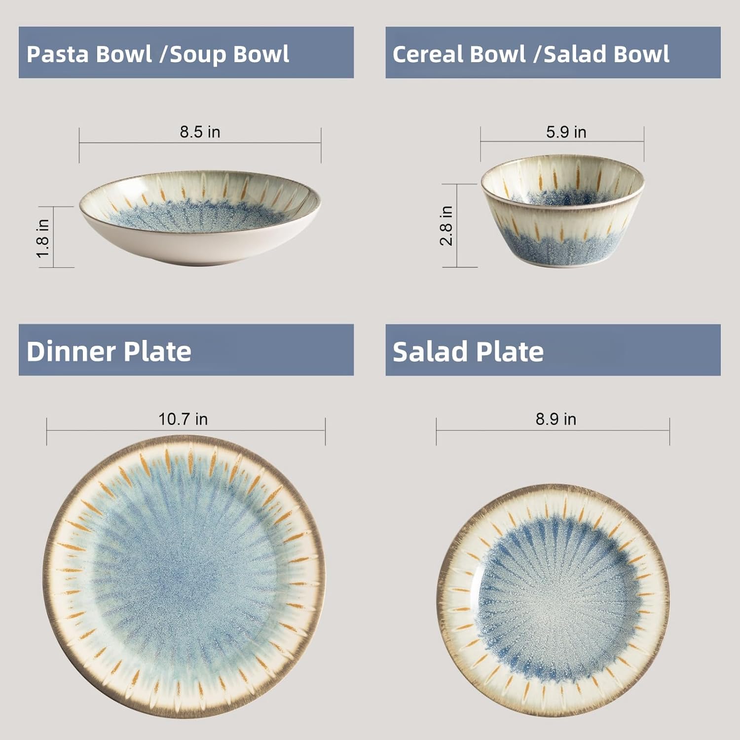 MissYip Melamine Dinnerware Set, 16 Piece for 4, Unbreakable Kitchen Plastic Plates and Bowls set, Indoor and Outdoor Use Tableware, BPA Free, Dishwasher Top Safe, Not Microwave, Not Oven(Blue)