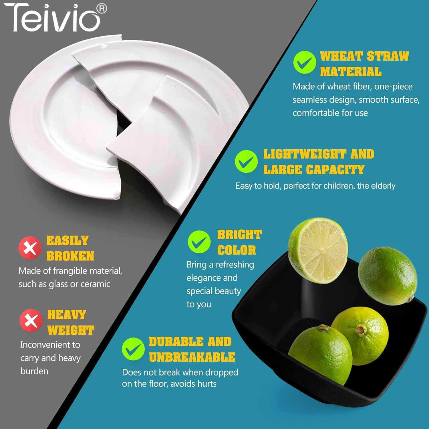 Alternative view of Teivio 32-piece Plastic Wheat Straw Square Dinnerware Set for 8, Unbreakable Dinner Plates, Salad Plates, Snack Bowls, Tumblers, Dishwasher Safe, Black