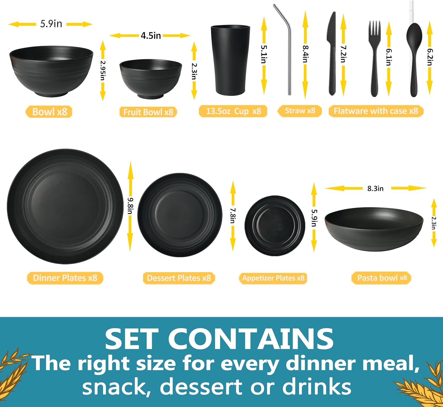 Alternative view of Teivio 88-Piece With Flatware Kitchen Plastic Wheat Straw Dinnerware Set for 8, Dinner/Dessert/Appetizer Plates, Cereal Fruit Bowls, Pasta Bowls, Cups, Unbreakable Dishwasher Safe Outdoor Dish, Black