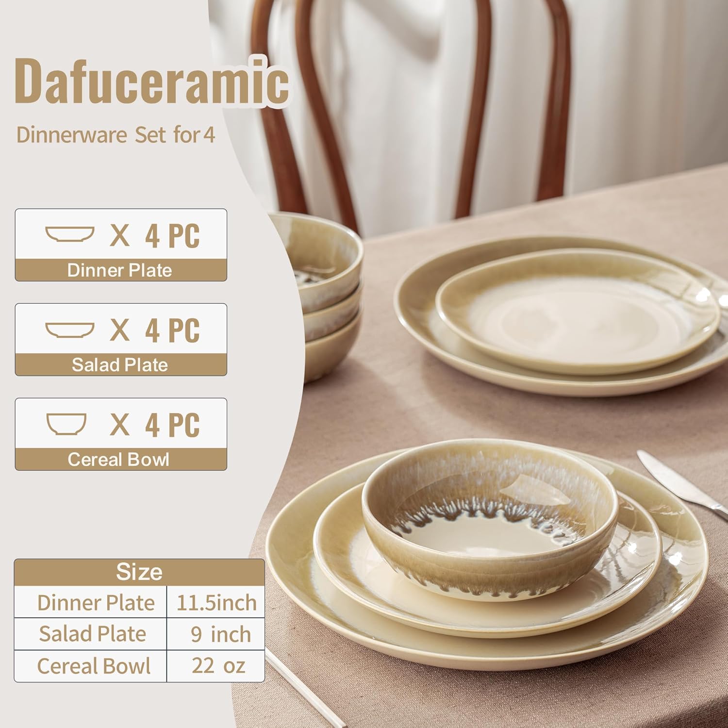 Alternative view of Dafuceramic 12 Pieces Stoneware Dinnerware Set, Modern Reactive glaze Dish Set for 4, Premium Serving Plates and Bowls Sets,Series MOON (Milk coffee)