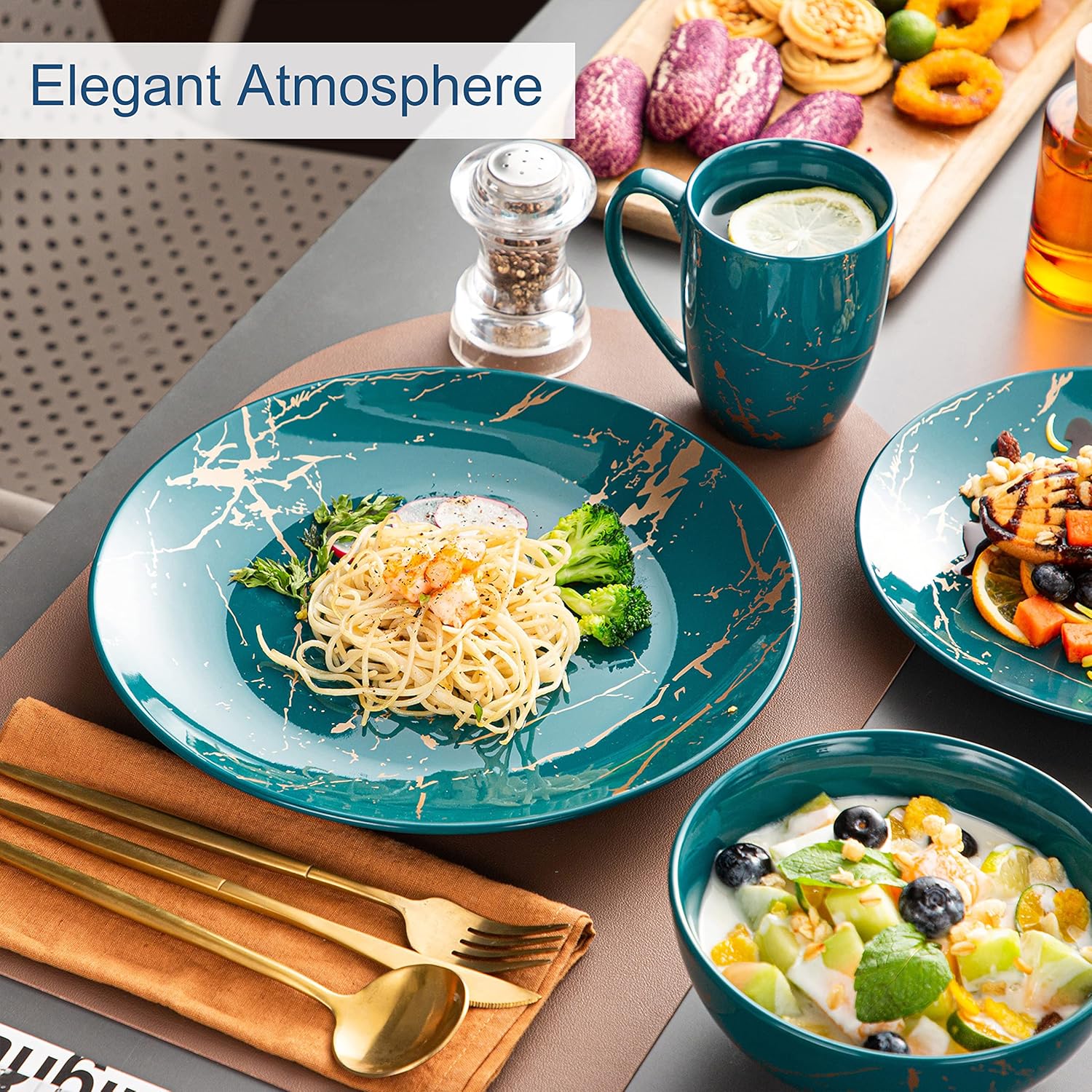 LOVECASA Porcelain Dinnerware Sets for 4, 16 PCS Plates and Bowls Set, Color Glaze with Gold Plate Dish Set, Dinner Sets with Dinner Plates, Dessert Plate, Bowls and Mugs, Dark Green