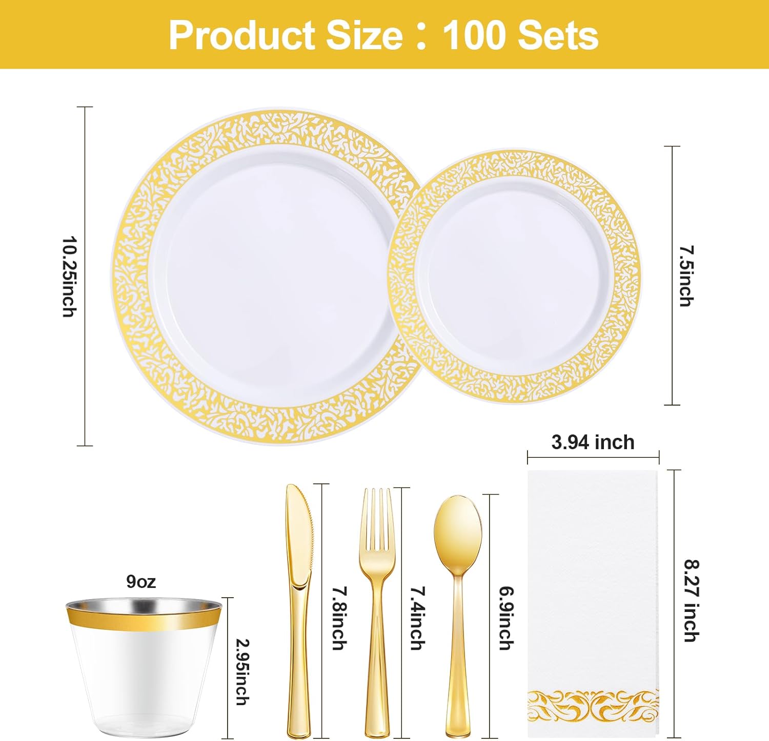 Alternative view of Bestluck 700PCS Gold Plastic Dinnerware Set for 100 Guests, Disposable Plates for Party, Include 100 Gold Dinner Plates, 100 Dessert Plates, 100 Set Silverware, 100 Cups, 100 Napkins
