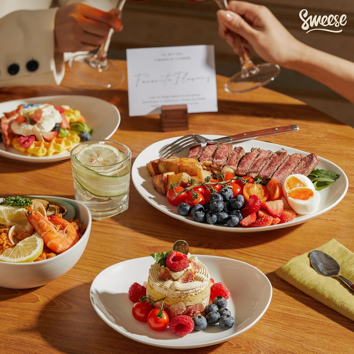 Sweese 18-Piece Dinnerware Sets for 6, Porcelain Plates and Bowls Set, Scratch Resistant Dishes, Microwave and Oven Safe Dishware, Snow White