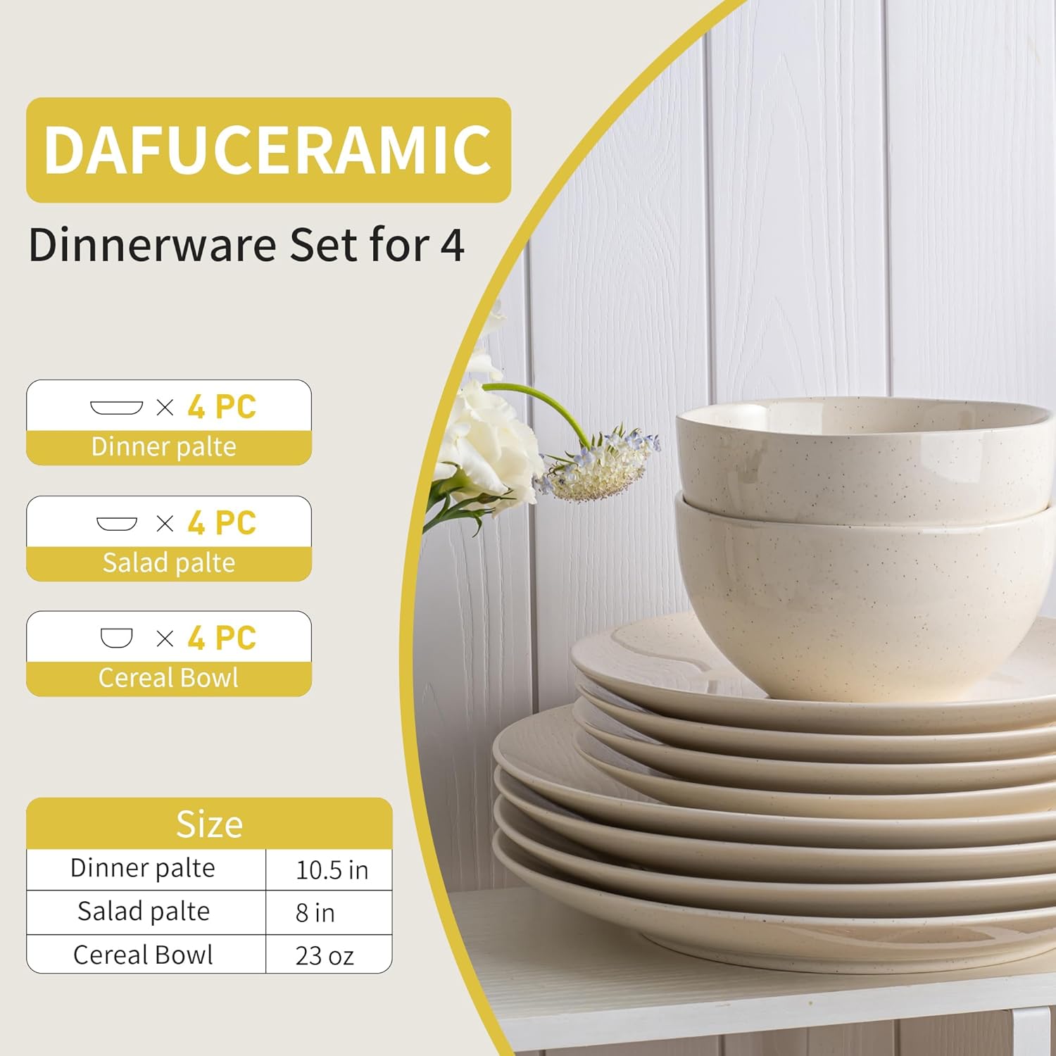 Dafuceramic Plates and Bowls Sets, 12 Pieces Modern Stoneware Dinnerware Set for 4 Kitchen Dinner Set Ceramic Dishware Dishes Set Microwave and Dishwasher Safe (White)