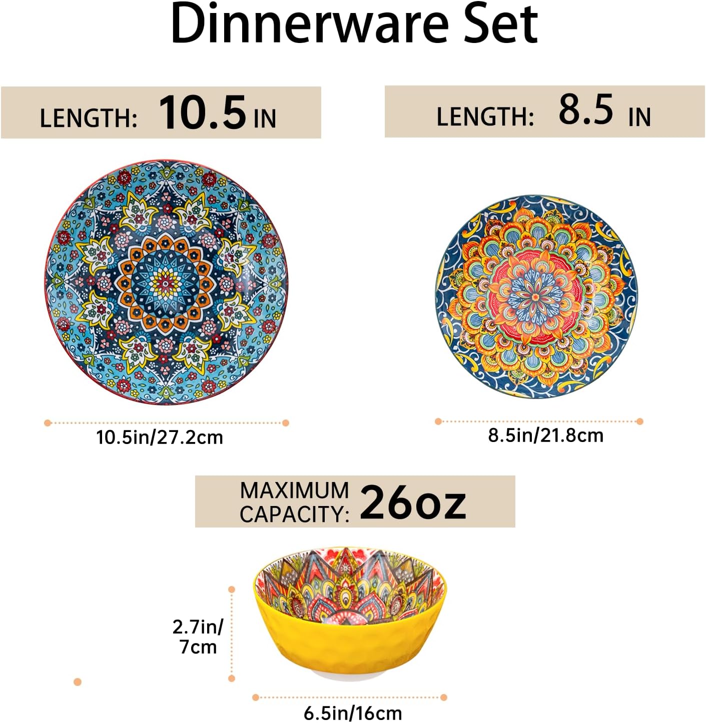 Alternative view of Romatlink 18 Pieces Dinnerware Sets, Porcelain Dishes Set for 6, Microwave and Dishwasher Safe, Scratch Resistant, Bohemian Style Plates and Bowls Set, Service for 6