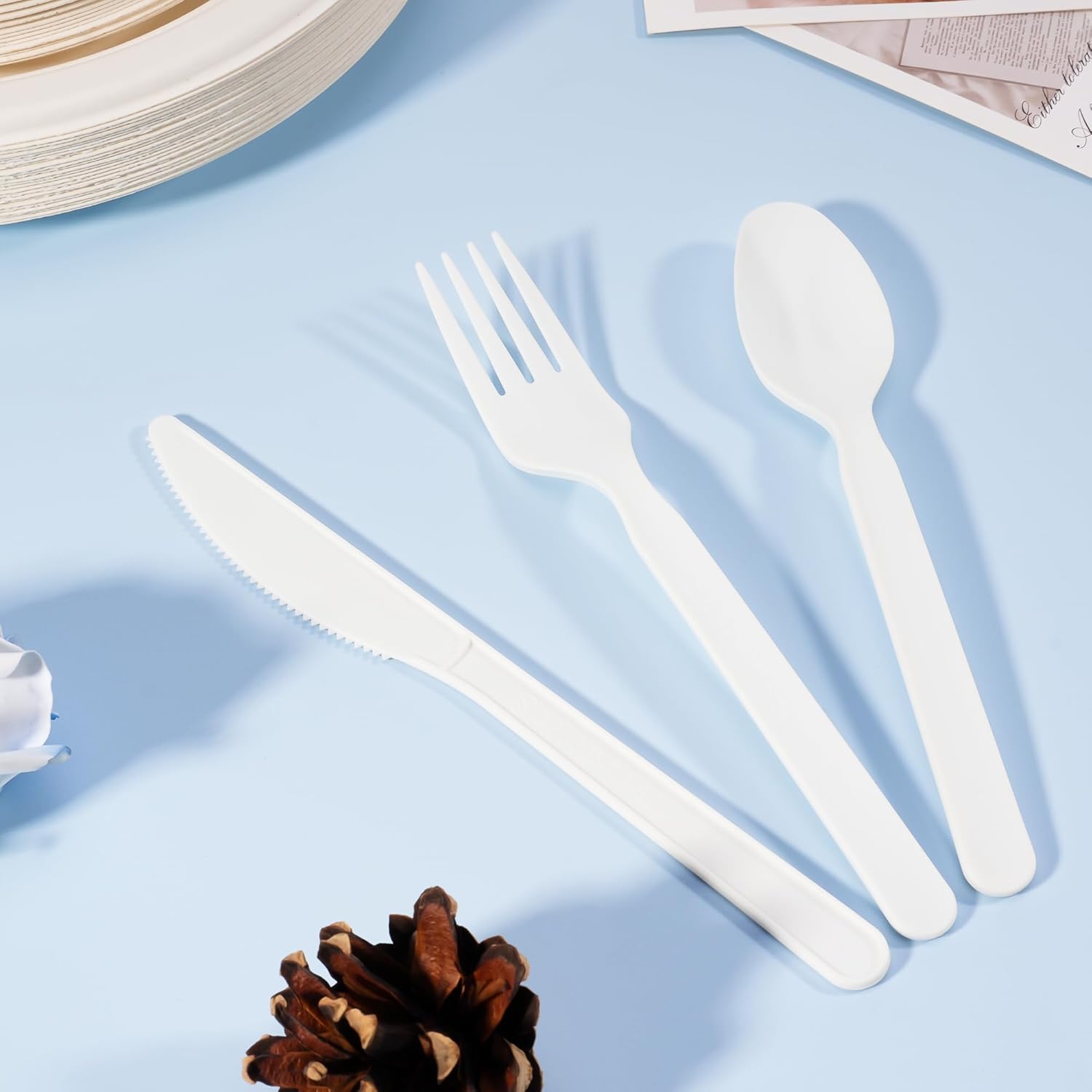 150PCS Compostable Plates Sugarcane Utensils Paper Plate Disposable Heavy Duty, Eco Friendly Dinnerware Set for 25 Guests Includes 25 Biodegradable Plates Spoons, Knives & 50 Forks for Brithday Party