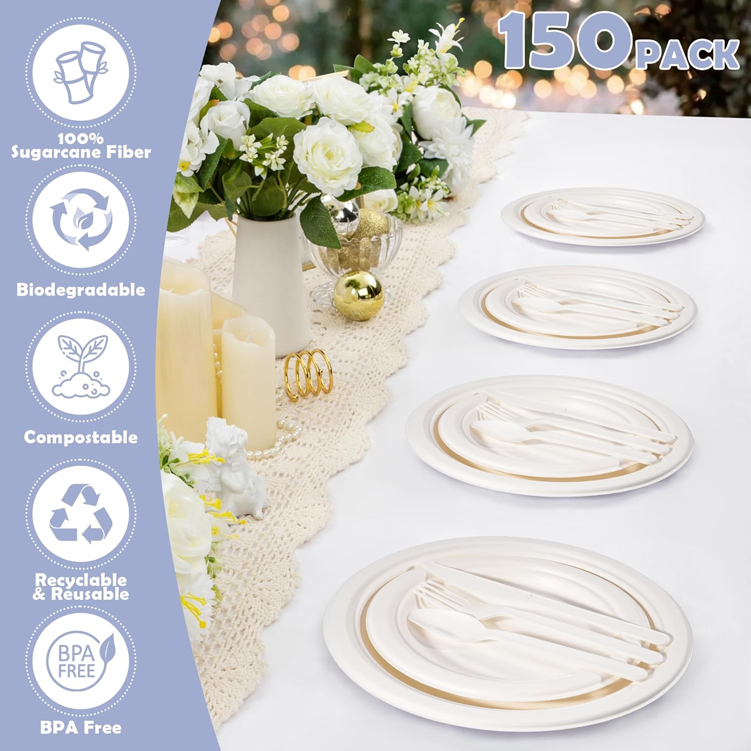 Alternative view of 150PCS Compostable Plates Sugarcane Utensils Paper Plate Disposable Heavy Duty, Eco Friendly Dinnerware Set for 25 Guests Includes 25 Biodegradable Plates Spoons, Knives & 50 Forks for Brithday Party