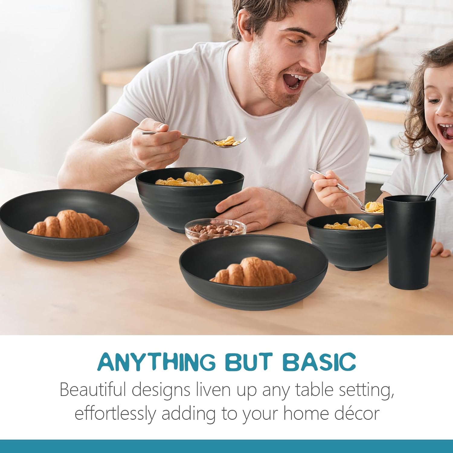 Teivio 88-Piece With Flatware Kitchen Plastic Wheat Straw Dinnerware Set for 8, Dinner/Dessert/Appetizer Plates, Cereal Fruit Bowls, Pasta Bowls, Cups, Unbreakable Dishwasher Safe Outdoor Dish, Black