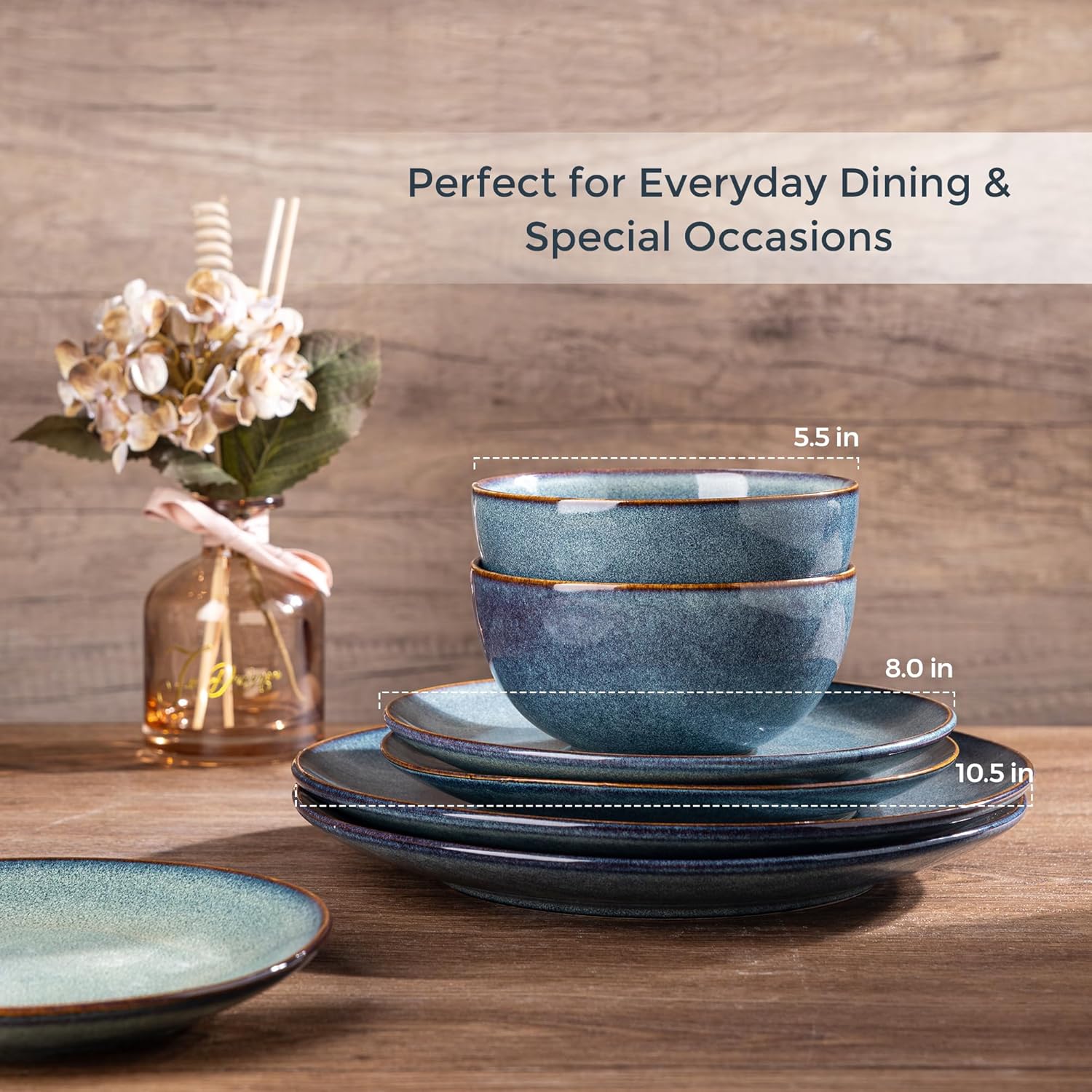 AmorArc Ceramic Dinnerware Sets for 8, 24 Pieces Handpainted Plates and Bowls Set, Scratch Resistant Stoneware Dishes Set, Dishwasher & Microwave Safe, Ceylon Blue