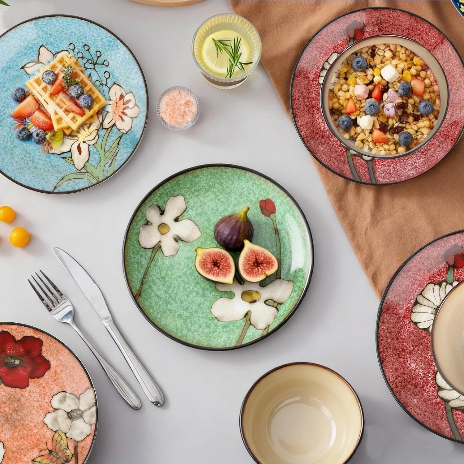 Cteaffee Stoneware 12-Piece Modern Dinnerware Set,Kitchen Plates Bowls and Mug Sets Serves 4,Dishwasher and Microwave Safe,4 Colors (Service for 4(12Pcs))