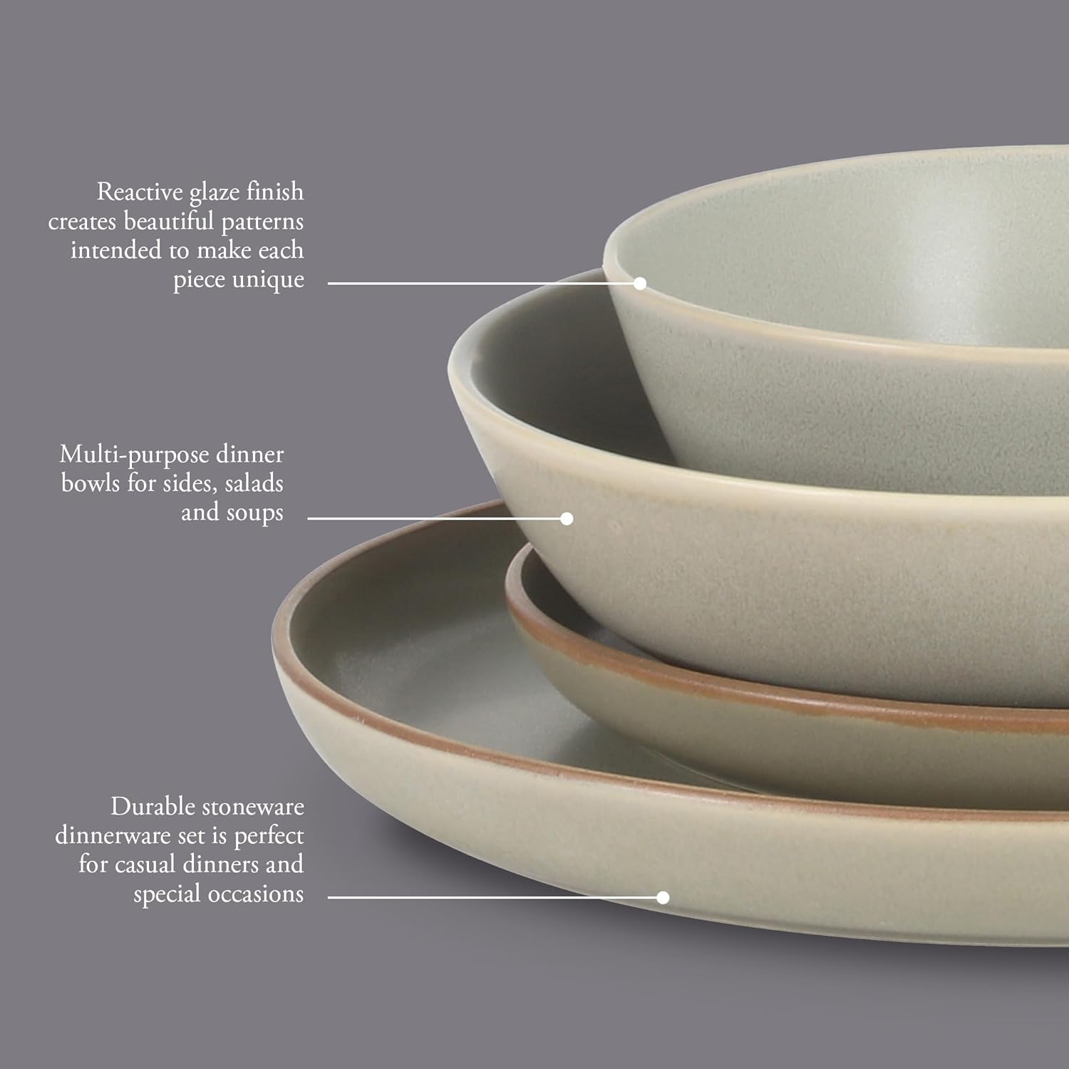 Alternative view of Gibson Elite Laguna Bliss 16 Piece Stoneware Reactive Glaze (Service for 4) Ceramic Plates and Bowls Dinnerware Set - Matte Green W/Terracotta Bottom