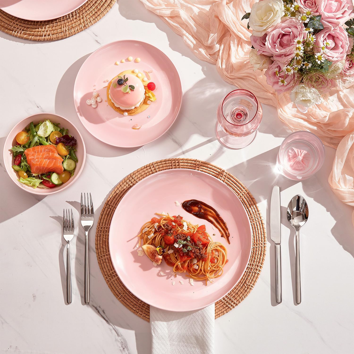 KINGSTONE Bone China Dinnerware Sets, 12-Piece Dinnerware Sets for 4, Lightweight Durable, Dishwasher Safe, Tableware for Daily Use with Elegant Design, Pink