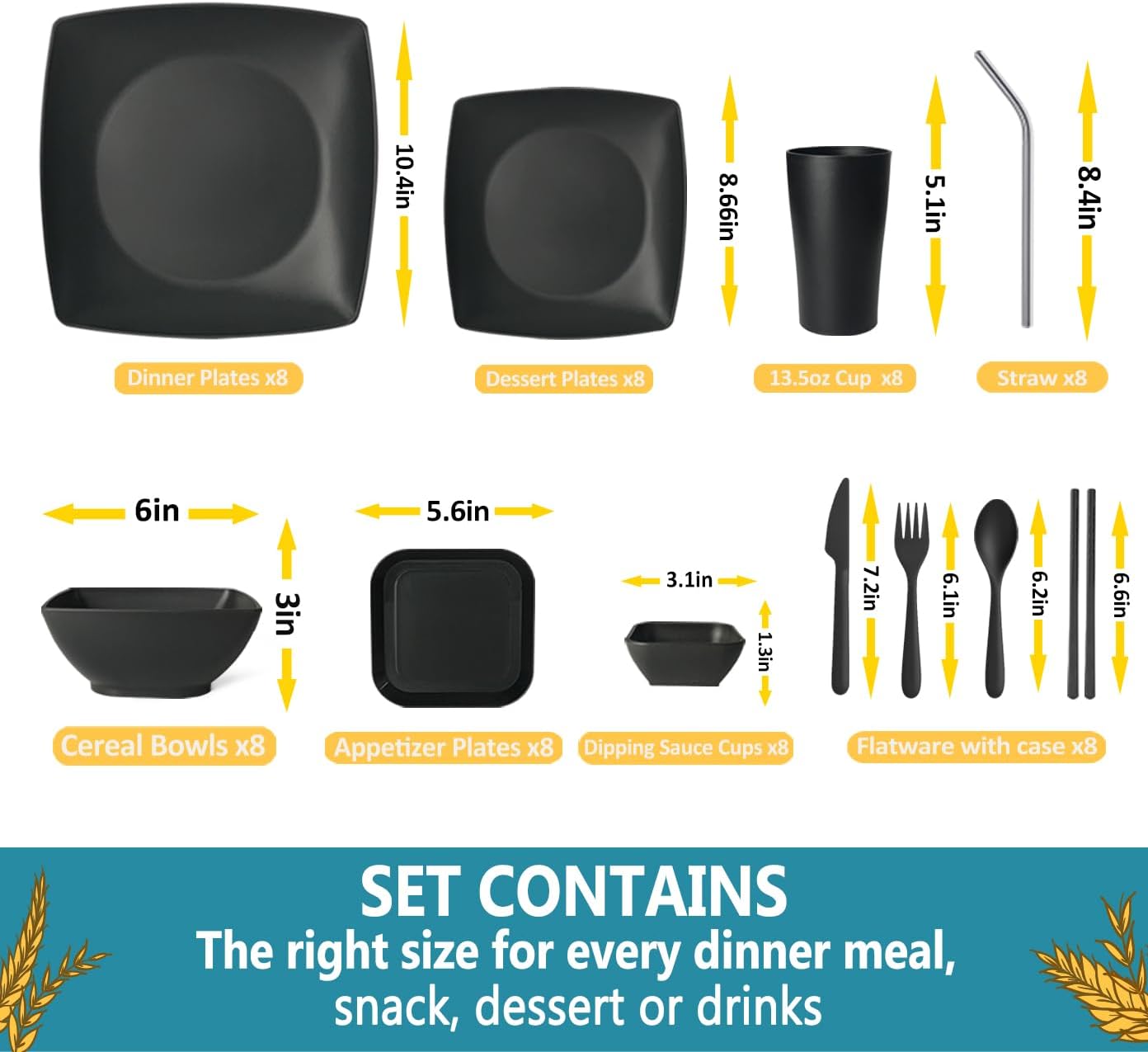 Teivio 88-piece With Flatware Plastic Kitchen Wheat Straw Square Dinnerware Set for 8, Unbreakable Dinner/Salad/Appetizer Plates, Snack Bowls, Dipping Sauce Cups,Tumblers, Dishwasher Safe Dish,Black ﻿