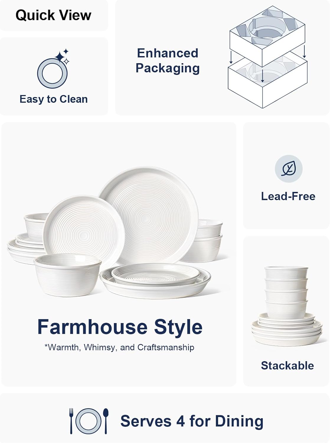 Alternative view of LE TAUCI Ceramic Plates and Bowls Set for 4, 12-Piece Ceramic Dinnerware Set, Farmhouse Dishes Set, Microwave & Dishwasher Safe, Stackable, 10" Dinner+8" Salad Plates+6" Bowls, White