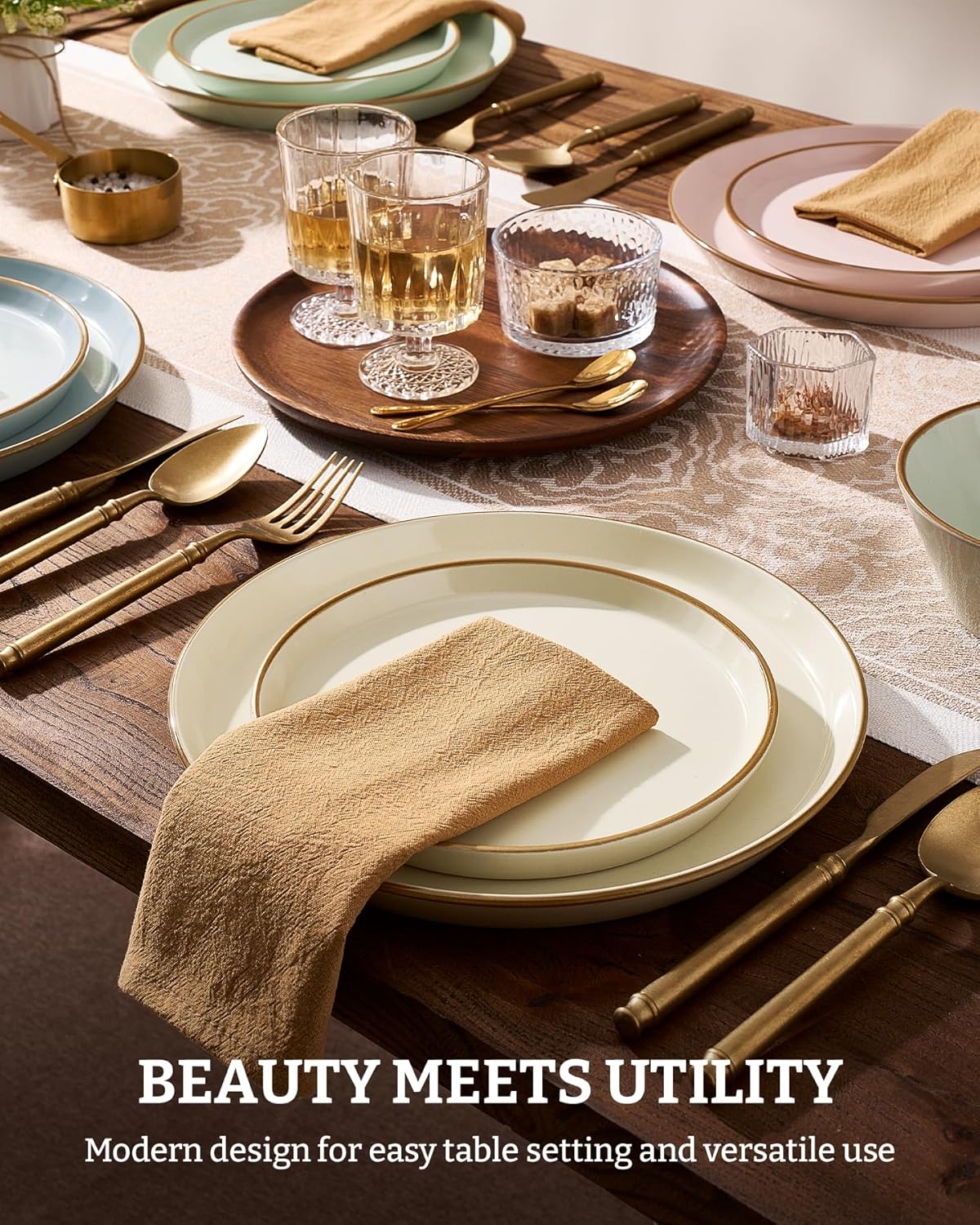 Famiware Saturn Dinnerware Sets, Plates and Bowls Sets for 4, 12 Pieces Stoneware Dish Set - Chip and Scratch Resistant, Microwave and Dishwasher Safe Tableware Set, Multi-color with Rim