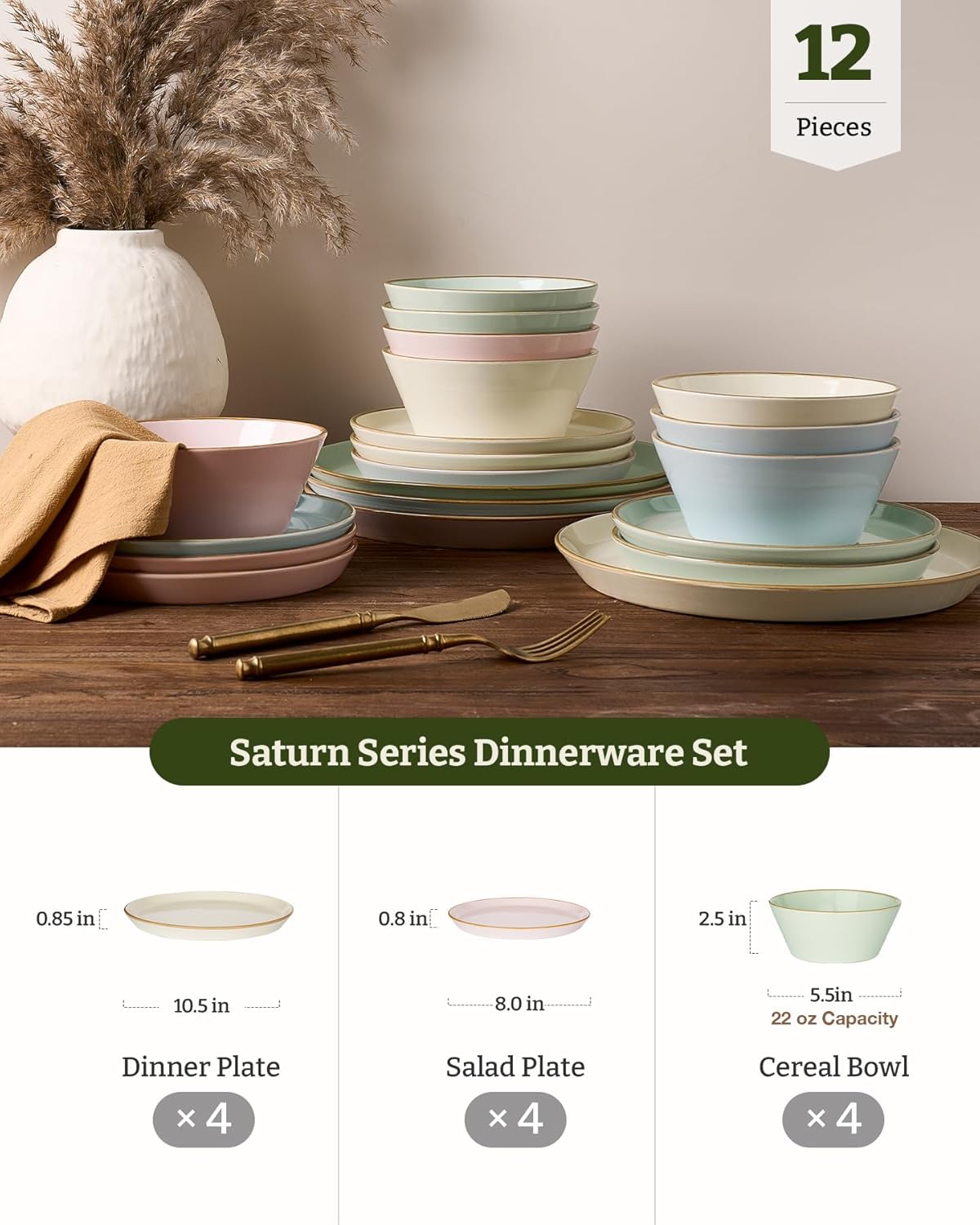 Alternative view of Famiware Saturn Dinnerware Sets, Plates and Bowls Sets for 4, 12 Pieces Stoneware Dish Set - Chip and Scratch Resistant, Microwave and Dishwasher Safe Tableware Set, Multi-color with Rim