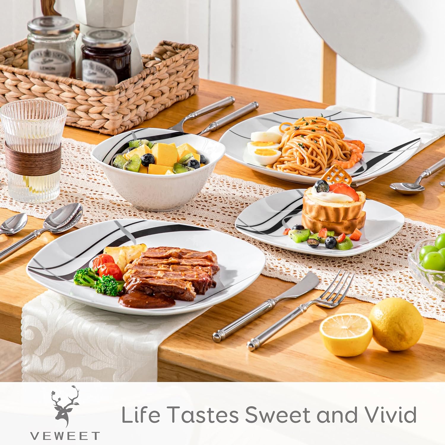 VEWEET Porcelain Dinnerware Set, 12 PCS Including Dinner Plates, Dessert Plates and Cereal Bowls, Series Fiona