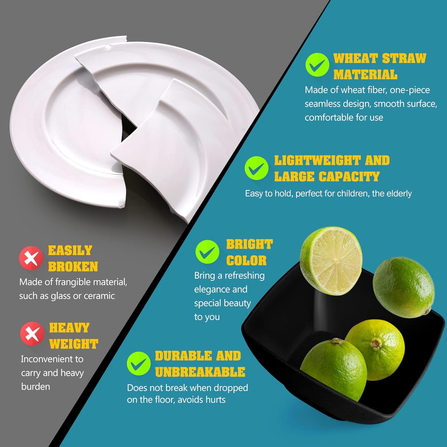 Alternative view of Teivio 24-piece Plastic Wheat Straw Square Dinnerware Set for 6, Unbreakable Dinner Plates, Salad Plates, Snack Bowls, Tumblers 13.5 oz, Dishwasher Safe, Outdoor Kitchen RV Dishes, Black