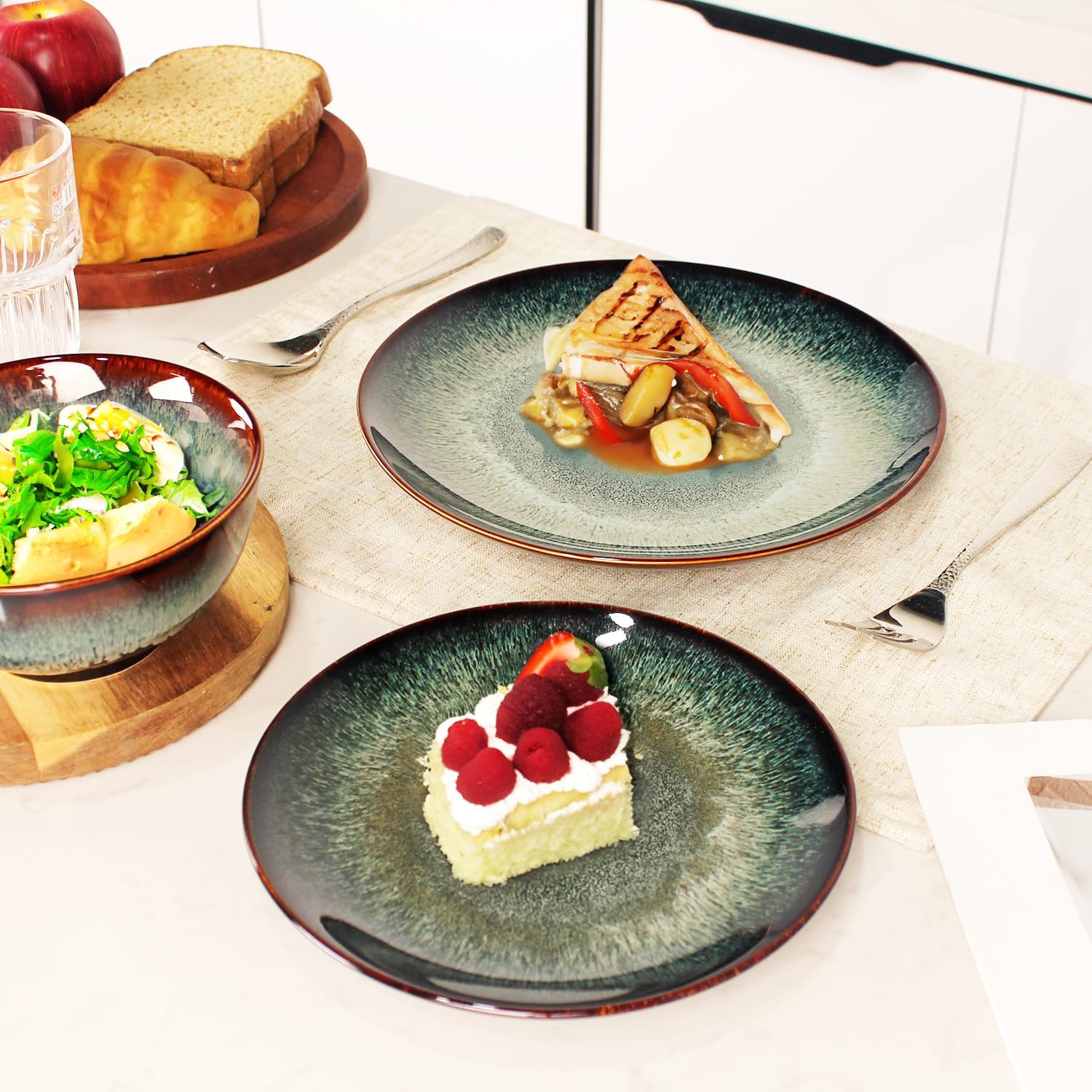 jinsongdafa Dinner Set 12 Pieces - Round Reactive Glaze Tableware - Kitchen Dinnerware Porcelain Crockery with Dinner Plate, Bowl and Soup Plate Service for 4, Microwave Dishwasher Safe, Set (No.2)