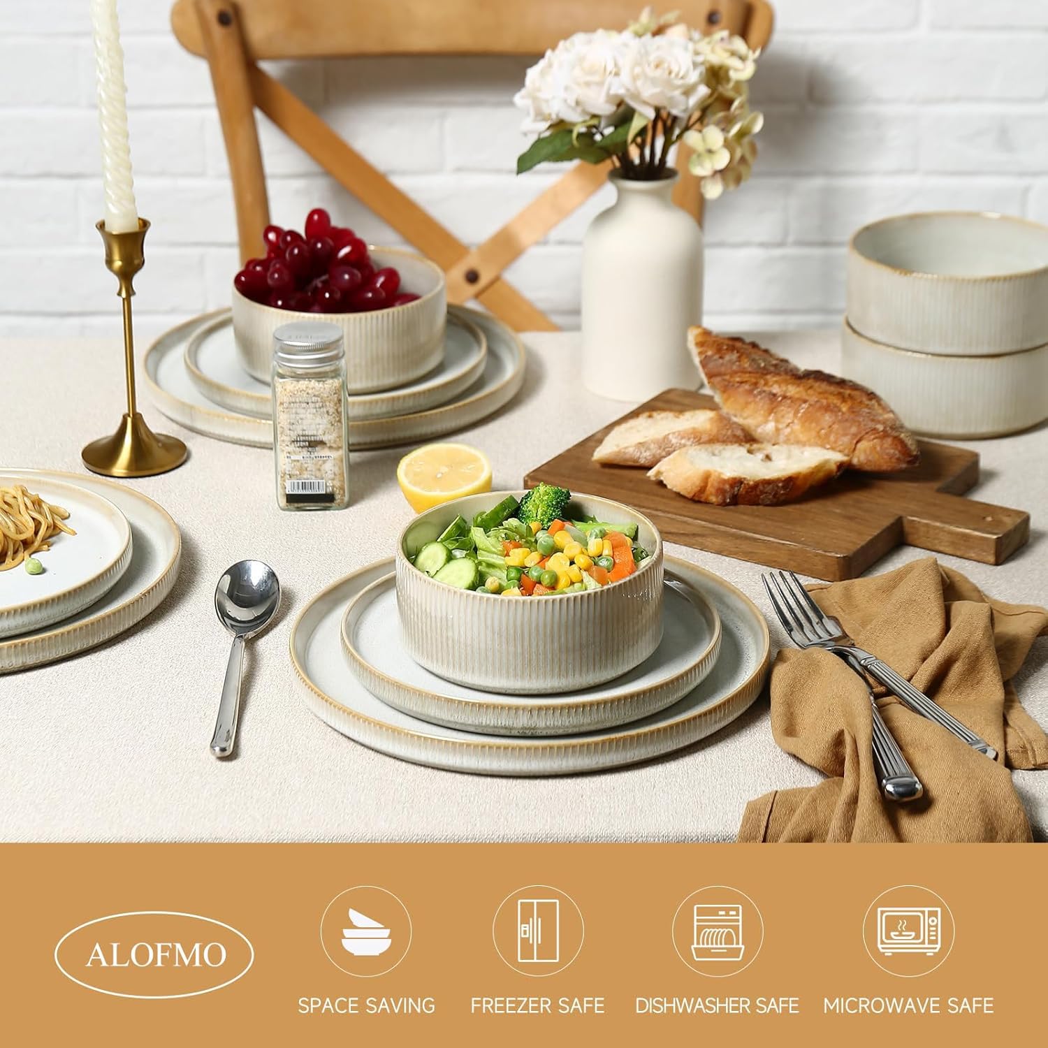 ALOFMO Stoneware Dinnerware Sets for 4, Stoneware Plates and Bowls Set, 12-Piece Ribbed Dishes u2013 Chip & Scratch Resistant, Microwave and Dishwasher Safe Tableware, Warm White