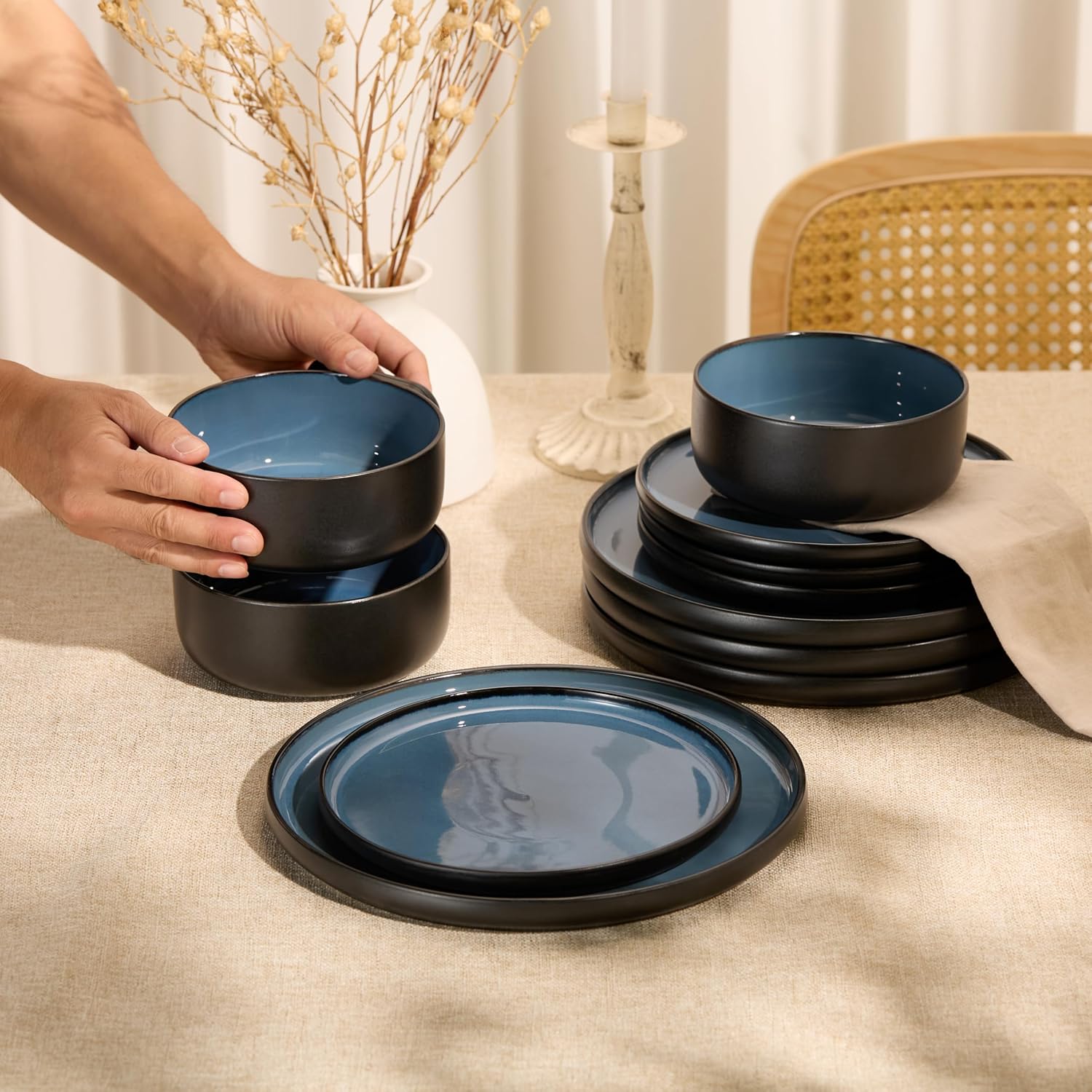 Dinnerware Set, 12 Piece Service for 4, Vase and Vessel, Ceramic 10.5u201D Dinner Plates, 8.2u201D Salad Plates and 20 oz Bowls, Stoneware, Somerset Collection (Black/Slate Blue)