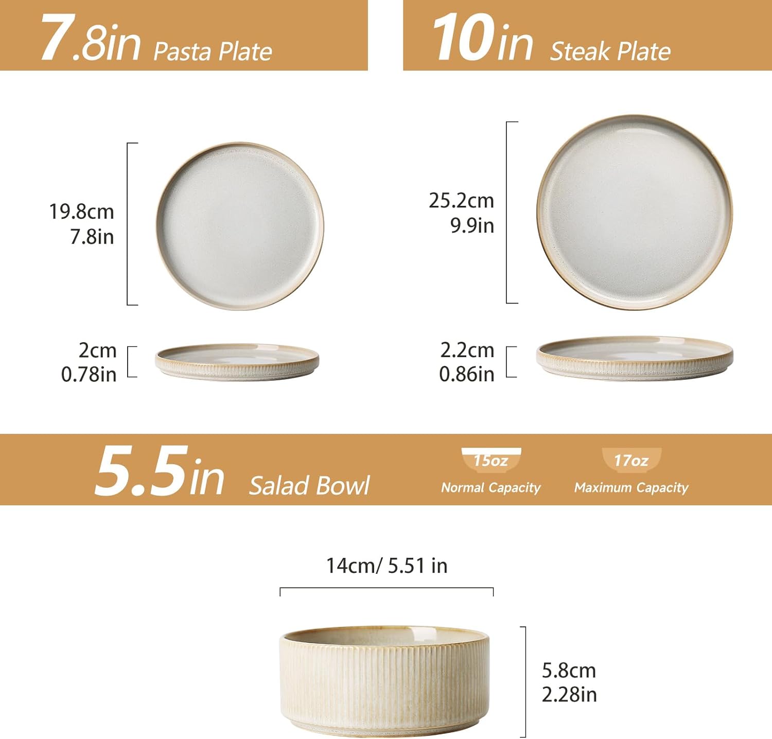 Alternative view of ALOFMO Stoneware Dinnerware Sets for 4, Stoneware Plates and Bowls Set, 12-Piece Ribbed Dishes u2013 Chip & Scratch Resistant, Microwave and Dishwasher Safe Tableware, Warm White