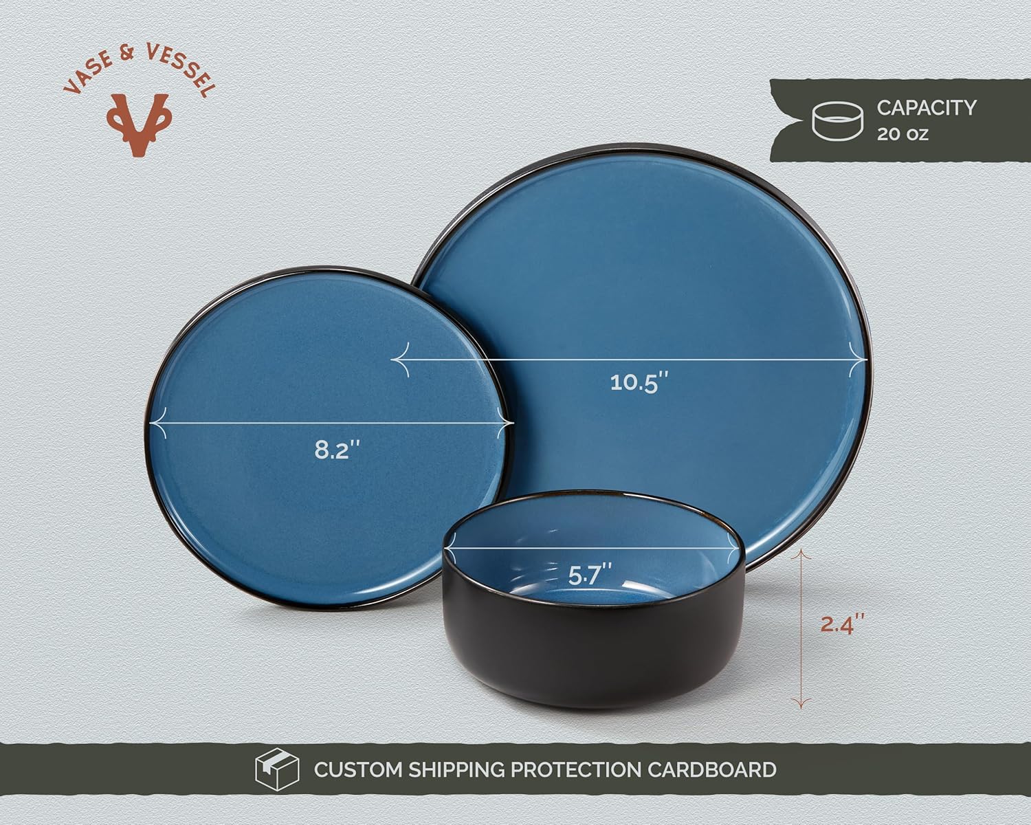 Alternative view of Dinnerware Set, 12 Piece Service for 4, Vase and Vessel, Ceramic 10.5u201D Dinner Plates, 8.2u201D Salad Plates and 20 oz Bowls, Stoneware, Somerset Collection (Black/Slate Blue)