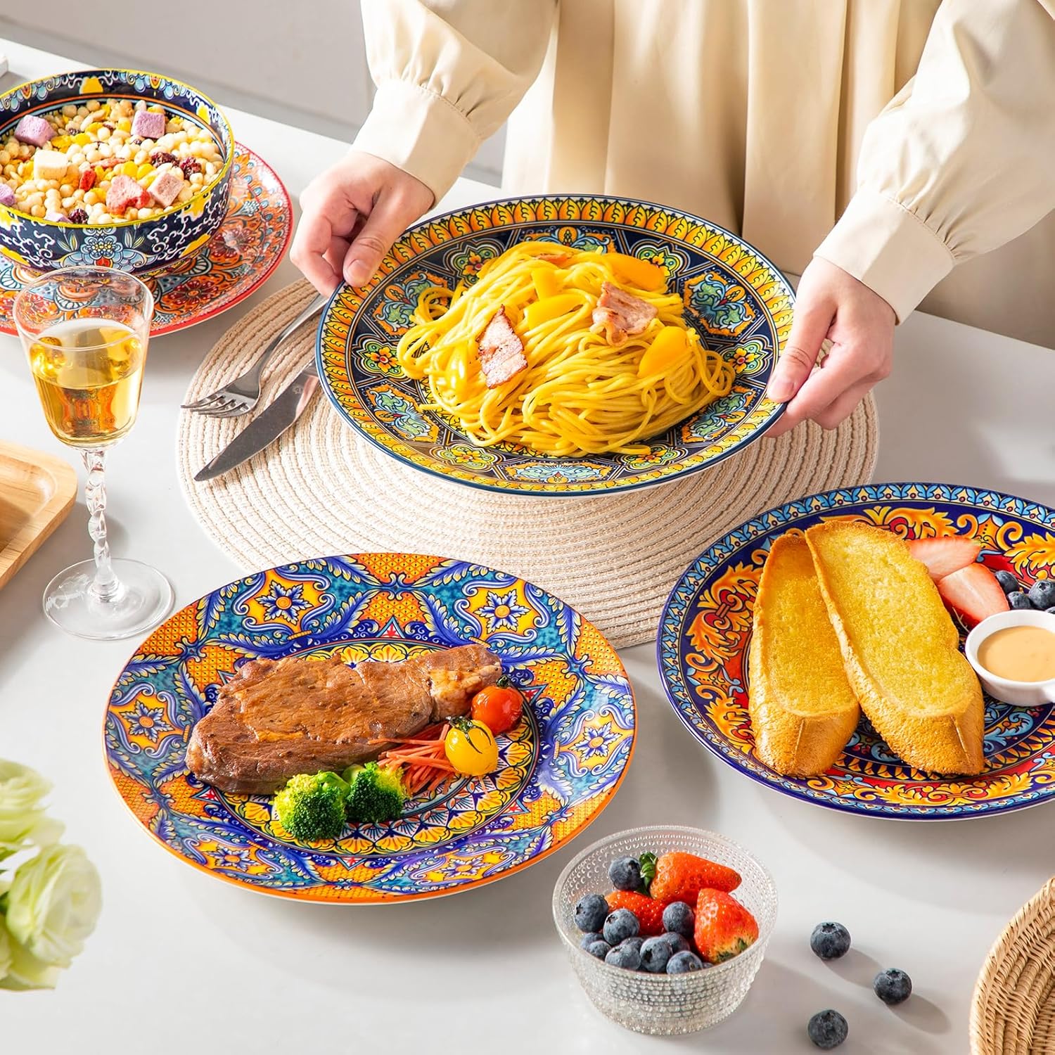 vancasso Bohemian Dinner Plates Set of 6, 10.5 Inch Ceramic Kitchen Plates for Dinner, Colorful Printed Dishes for Dining, Microwave & Dishwasher Safe Plate Set, Series KRVI