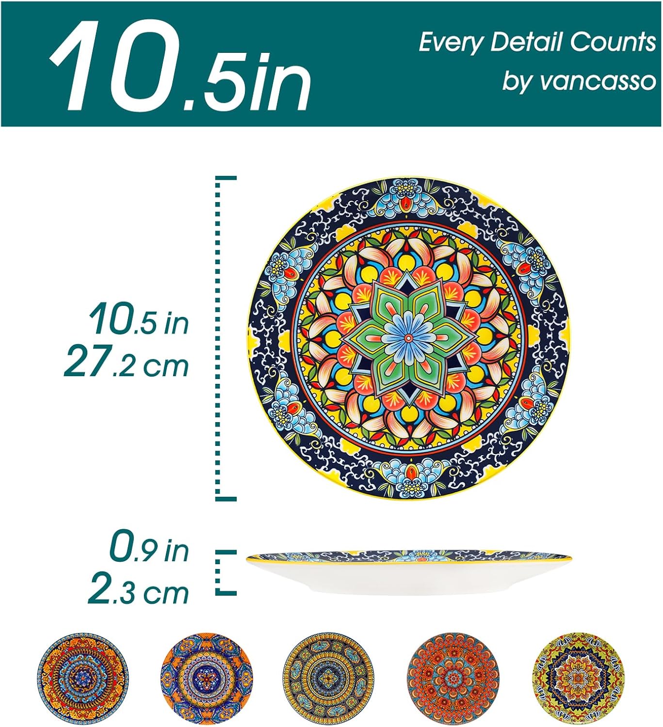 Alternative view of vancasso Bohemian Dinner Plates Set of 6, 10.5 Inch Ceramic Kitchen Plates for Dinner, Colorful Printed Dishes for Dining, Microwave & Dishwasher Safe Plate Set, Series KRVI