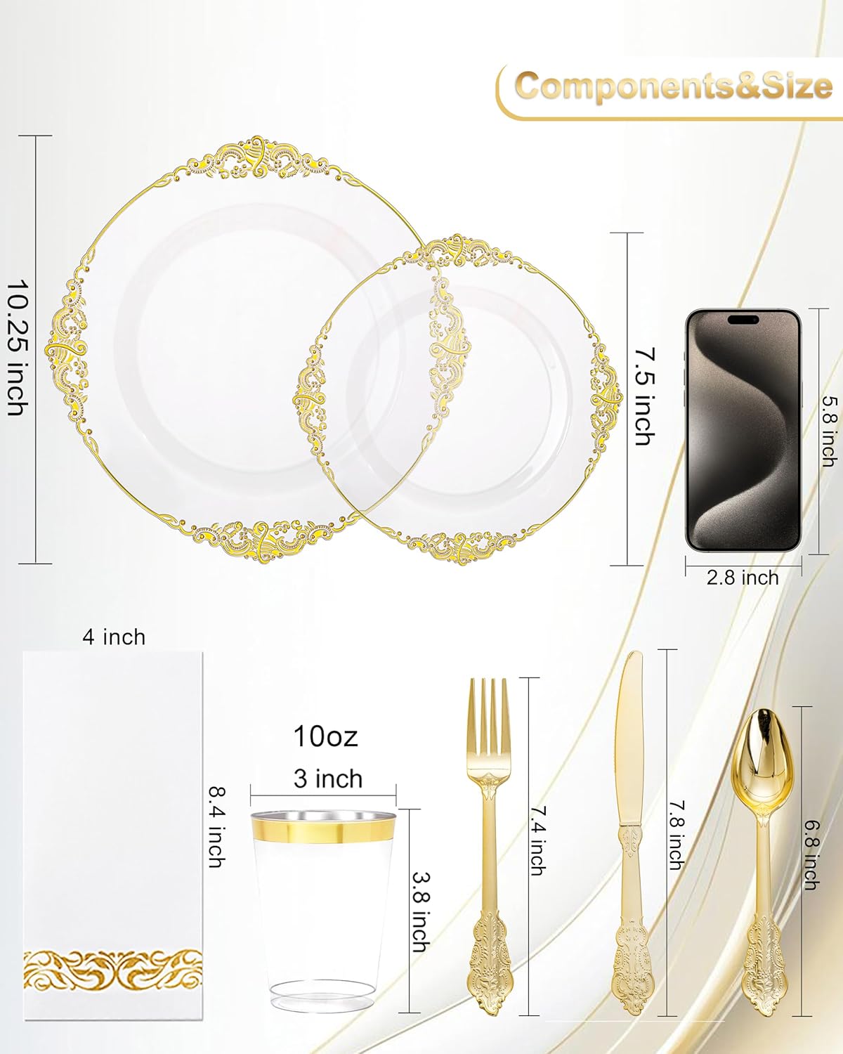 Alternative view of Nervure 175PCS Clear Gold Plastic Plates - Gold Disposable Dinnerware Set for 25 Guests Include 50 Disposable Plates, 75 Plastic Silverware, 25 Cups, 25 Napkins for Wedding & Party & Thanksgiving